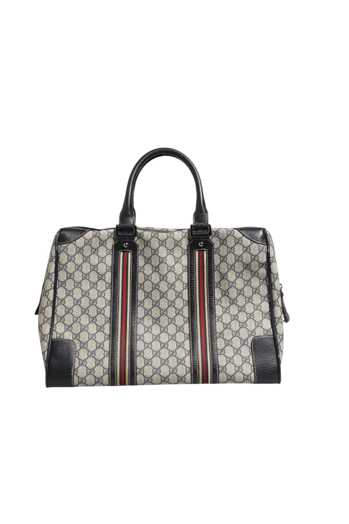 Sac Gucci GG Supreme Boston avec poignée en cuir, motif monogramme, grand compartiment intérieur, idéal pour le voyage et le quotidien.