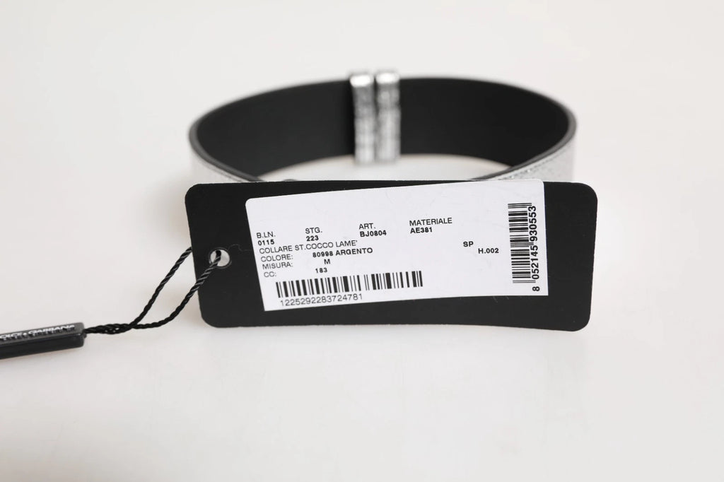 Dolce & Gabbana Silver Textured Leather Gold Tone Metal Neckband