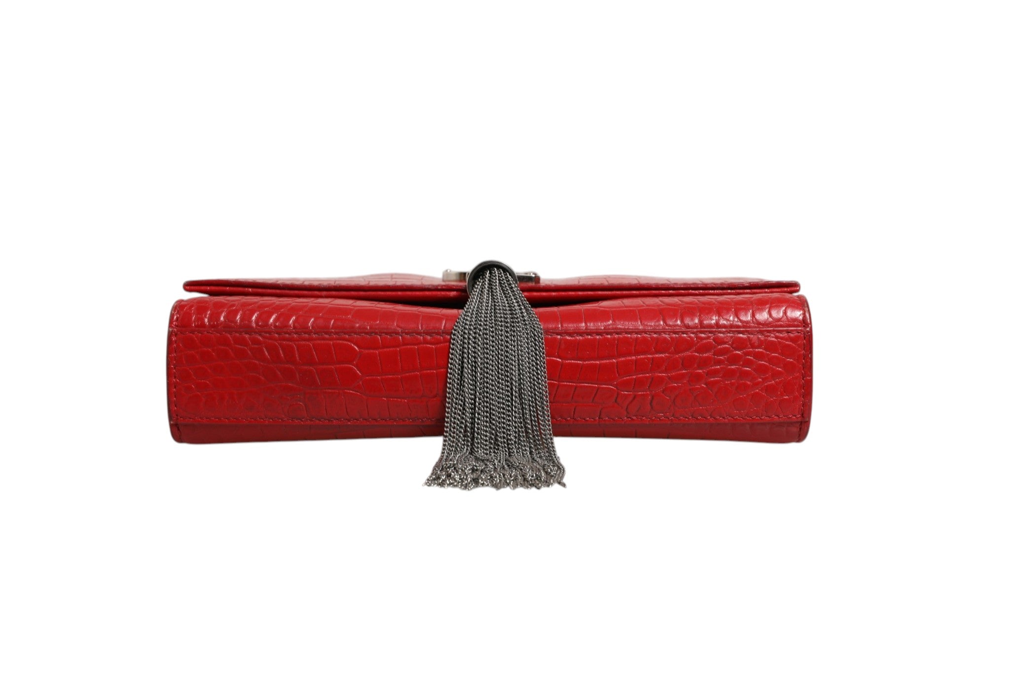 Saint Laurent Kate Tassel Chain Bag in Red Crocodile Embossed Leather