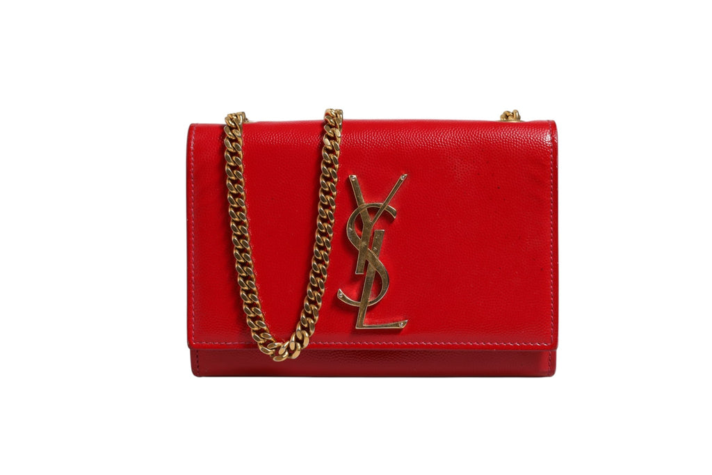 Sac à bandoulière en cuir rouge Saint Laurent Kate, élégant et sophistiqué avec logo emblématique, vue de face.