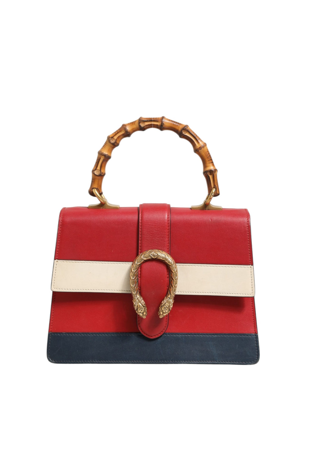 Sac à main Gucci Dionysus en cuir blanc avec détails en bambou, bleu et rouge, poignée moyenne, style élégant et sophistiqué.