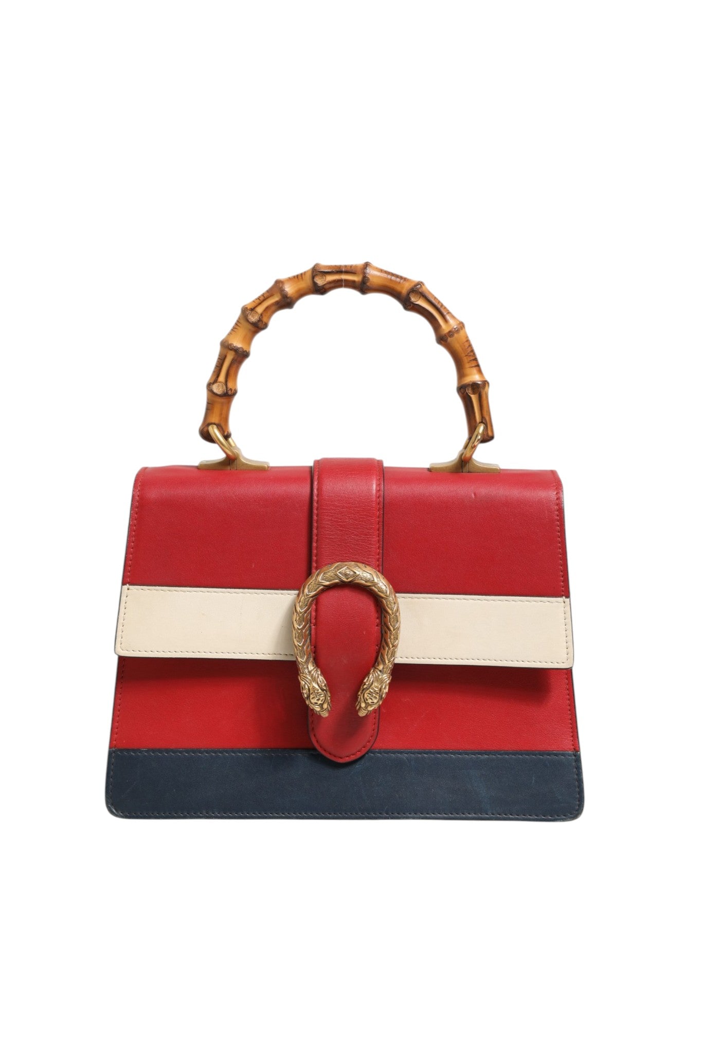 Sac à main Gucci Dionysus en cuir blanc avec détails en bambou, bleu et rouge, poignée moyenne, style élégant et sophistiqué.