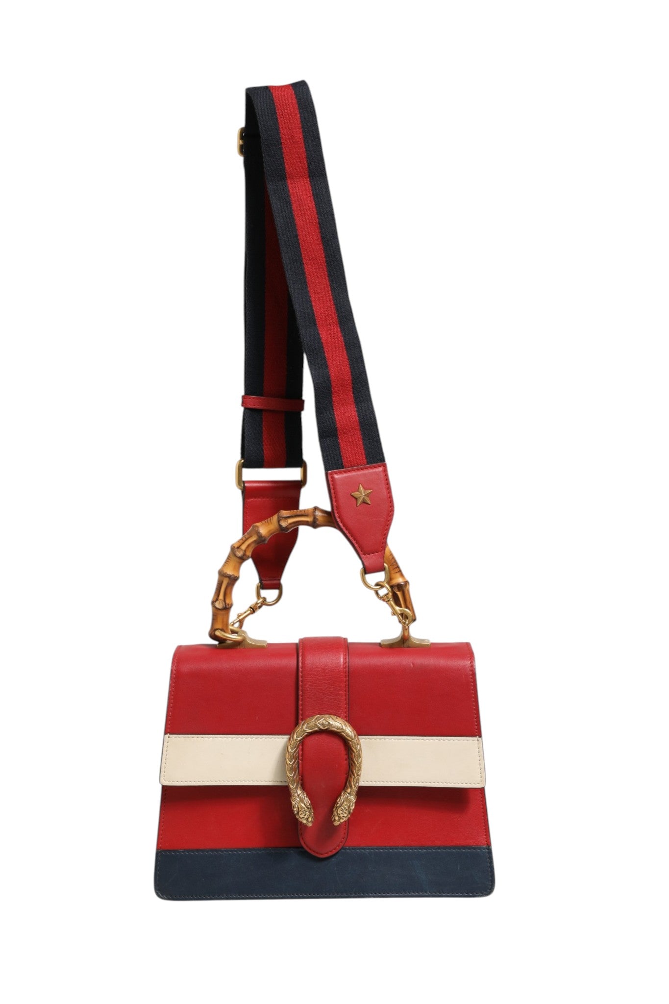 Sac à main Gucci Dionysus en cuir blanc avec détails en bambou, bleu et rouge, élégant et medium en style top handle.