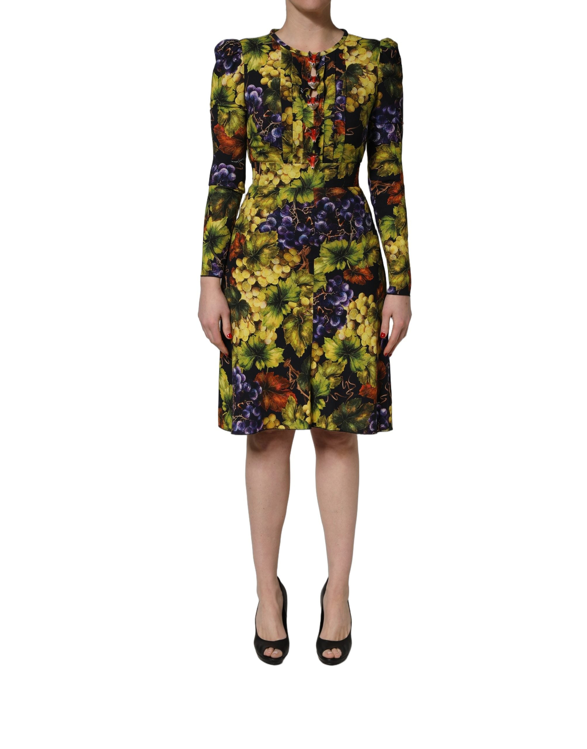 Robe midi à manches longues Dolce & Gabbana avec imprimé grappes multicolores, style élégant et coloré.