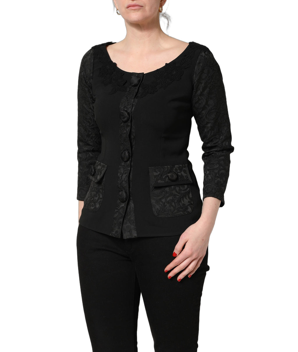 Veste blazer noire Dolce & Gabbana avec boutons, détails en dentelle et finition élégante.