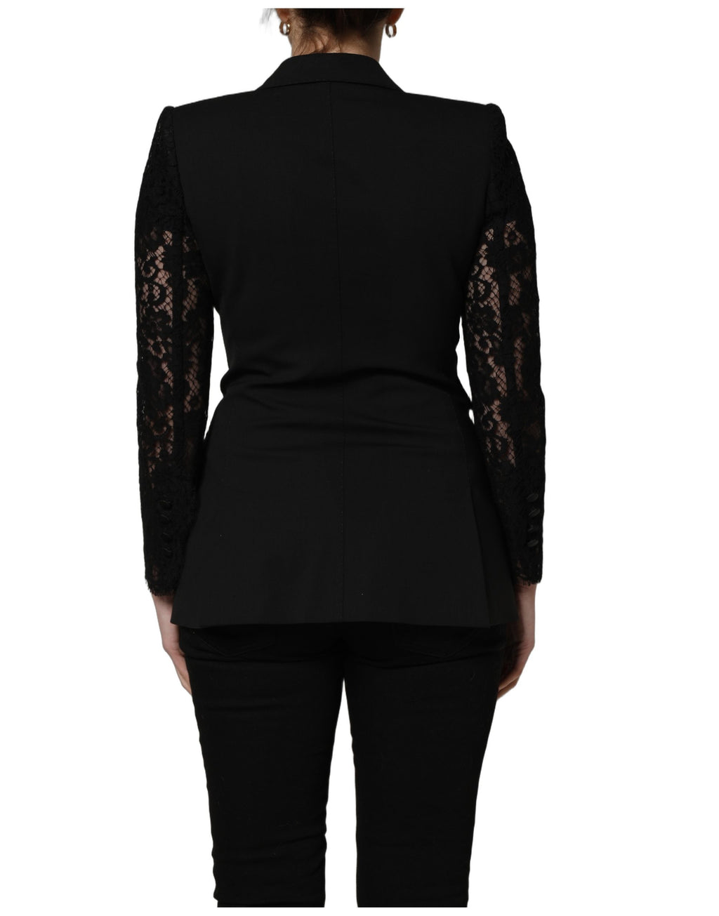 Veste en laine noire Dolce & Gabbana à double boutonnage avec manches en dentelle élégantes.