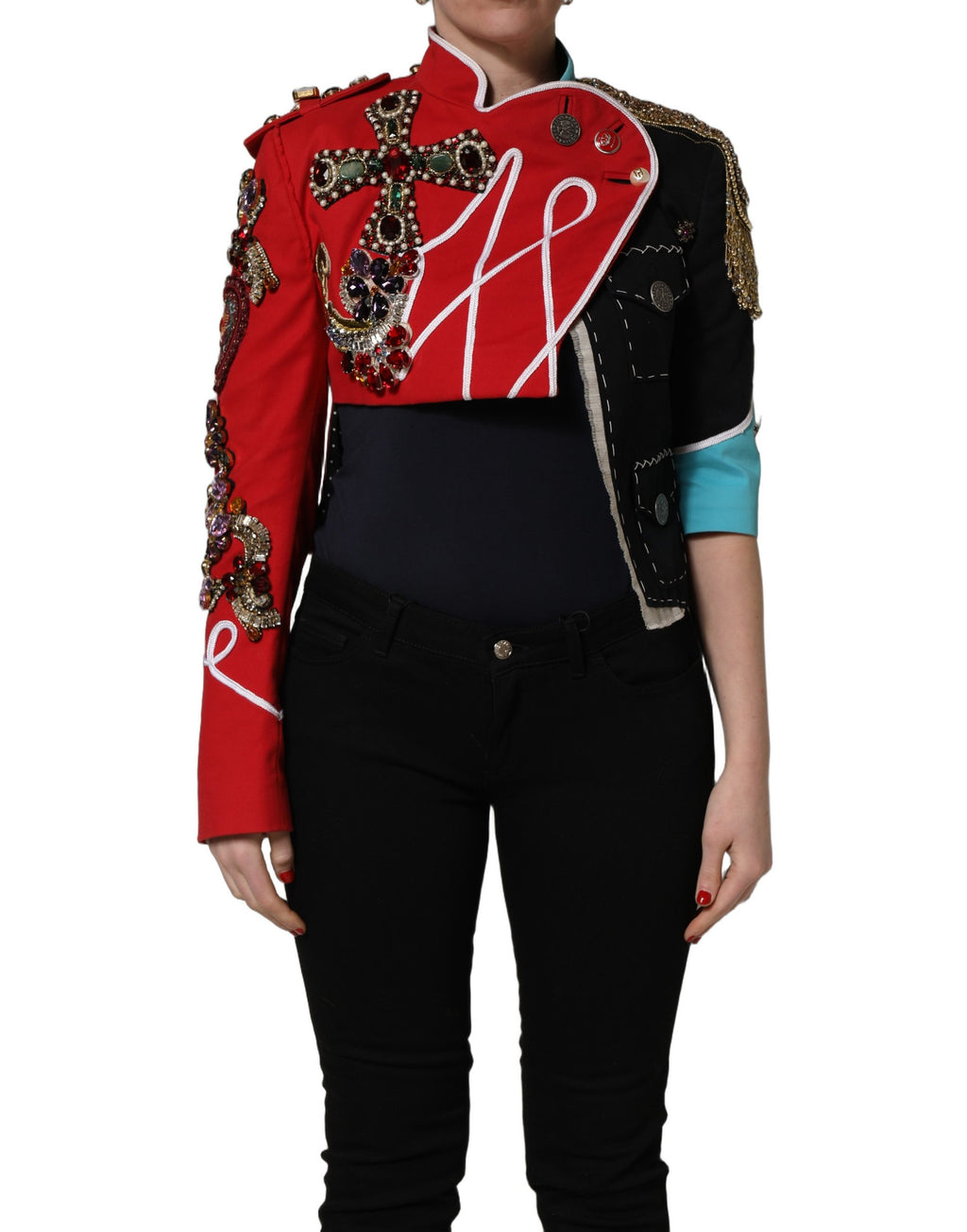 Veste courte ornementée asymétrique Dolce & Gabbana multicolore avec bijoux ornés et détails décoratifs.