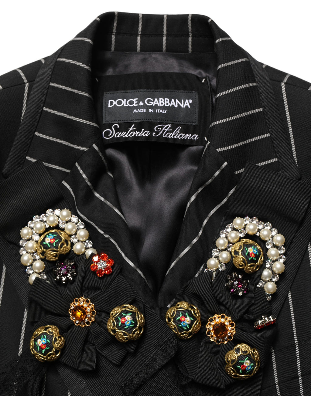 Blazer double-breasted noir à rayures noires et blanches de Dolce & Gabbana, veste élégante pour homme ou femme.