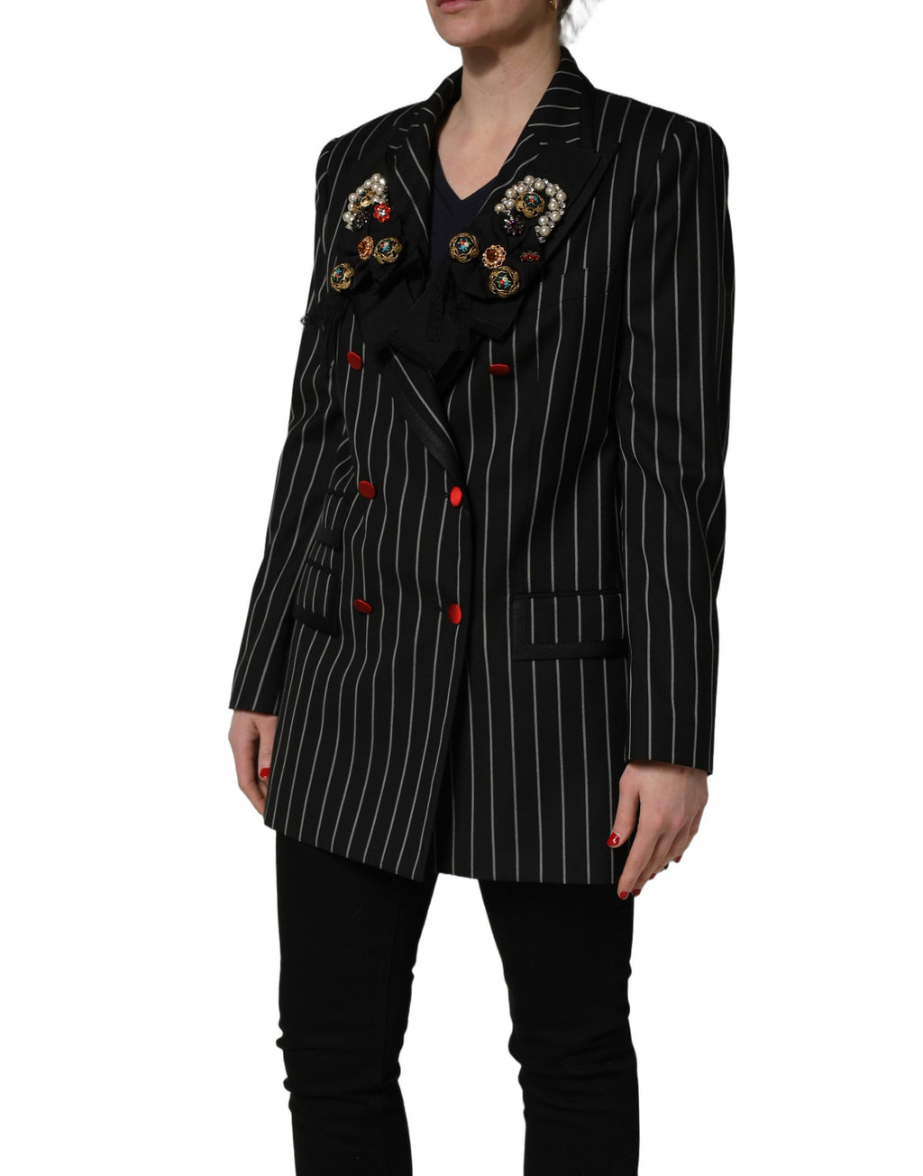 Veste blazer double-breasted Dolce & Gabbana noire à rayures, élégante, avec col revers et boutons sur le devant.