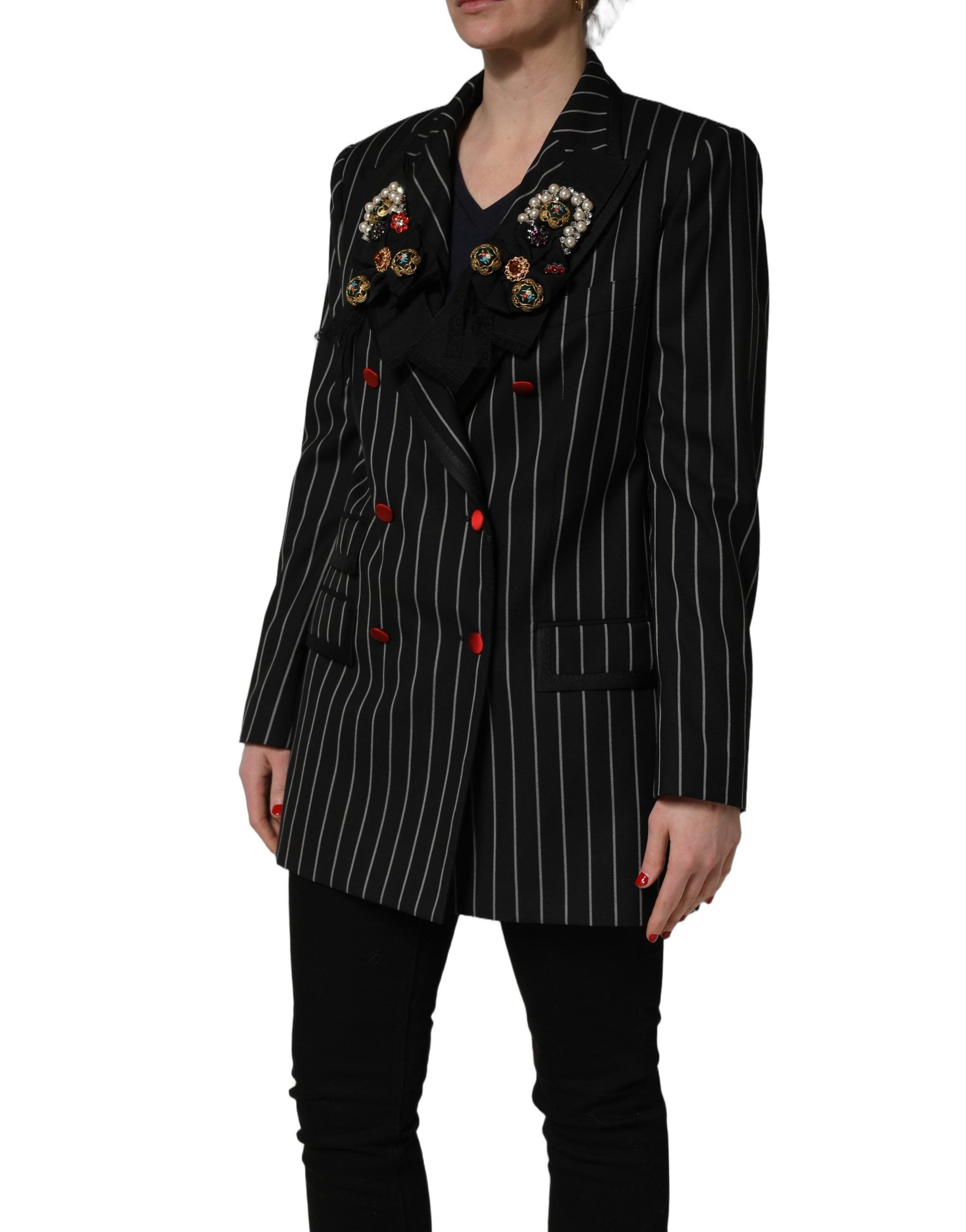 Veste blazer double-breasted Dolce & Gabbana noire à rayures, élégante, avec col revers et boutons sur le devant.