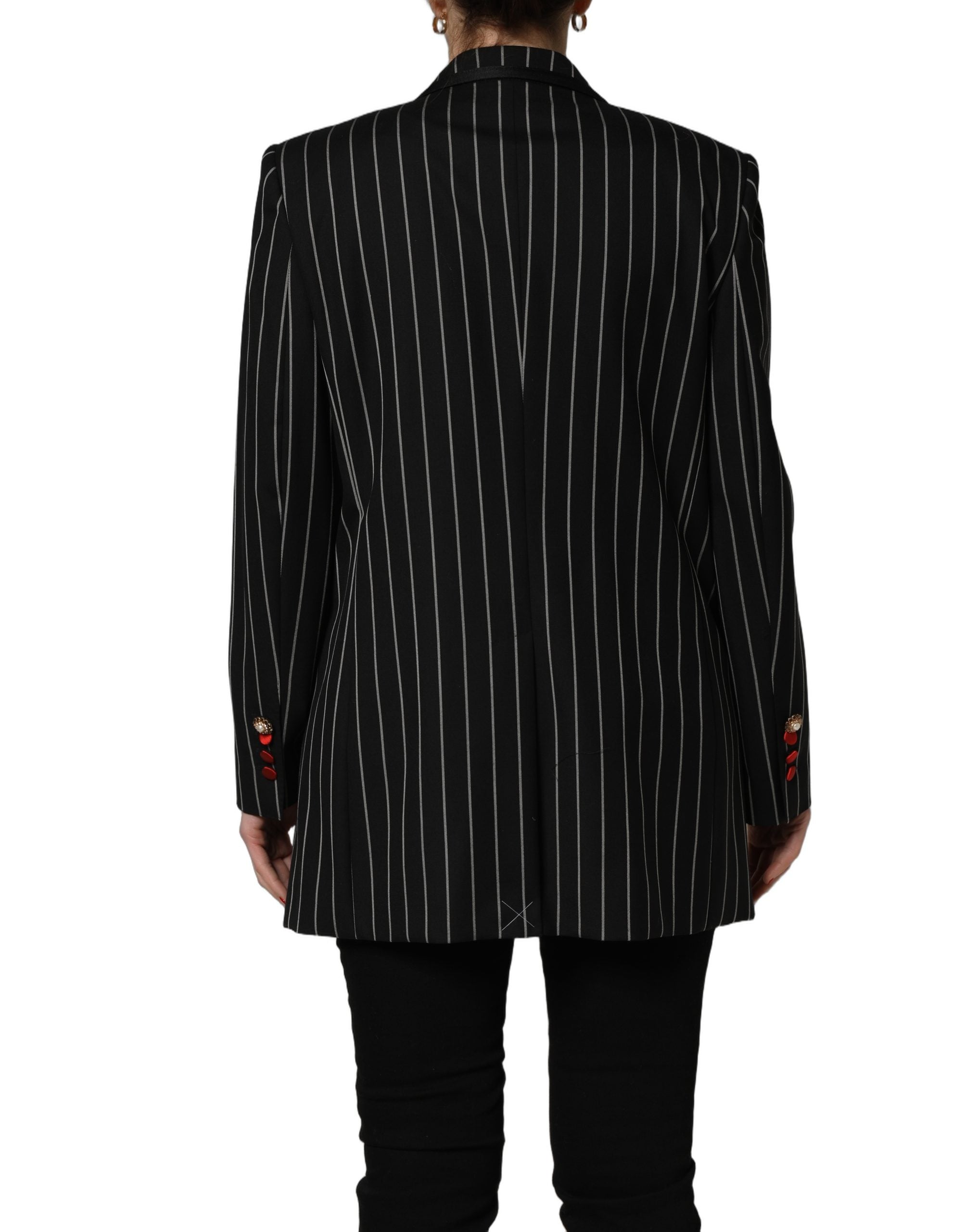 Veste blazer double-breasted à rayures noires de Dolce & Gabbana, élégante et sophistiquée, vue de face sur fond neutre.