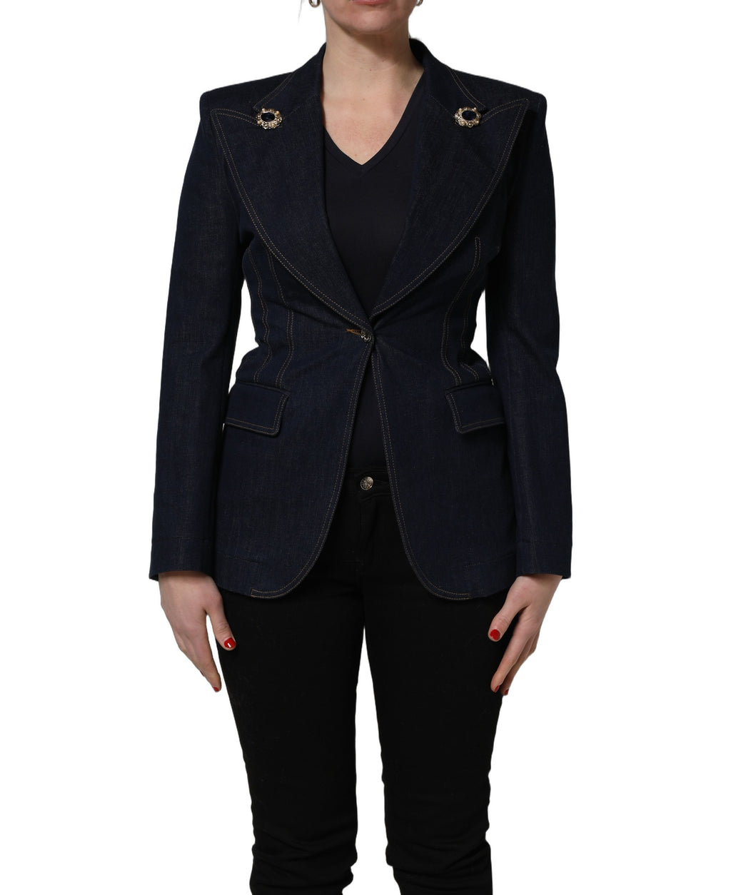 Blazer en jean bleu Dolce & Gabbana à un seul bouton, coupe classique, porté sur un mannequin.