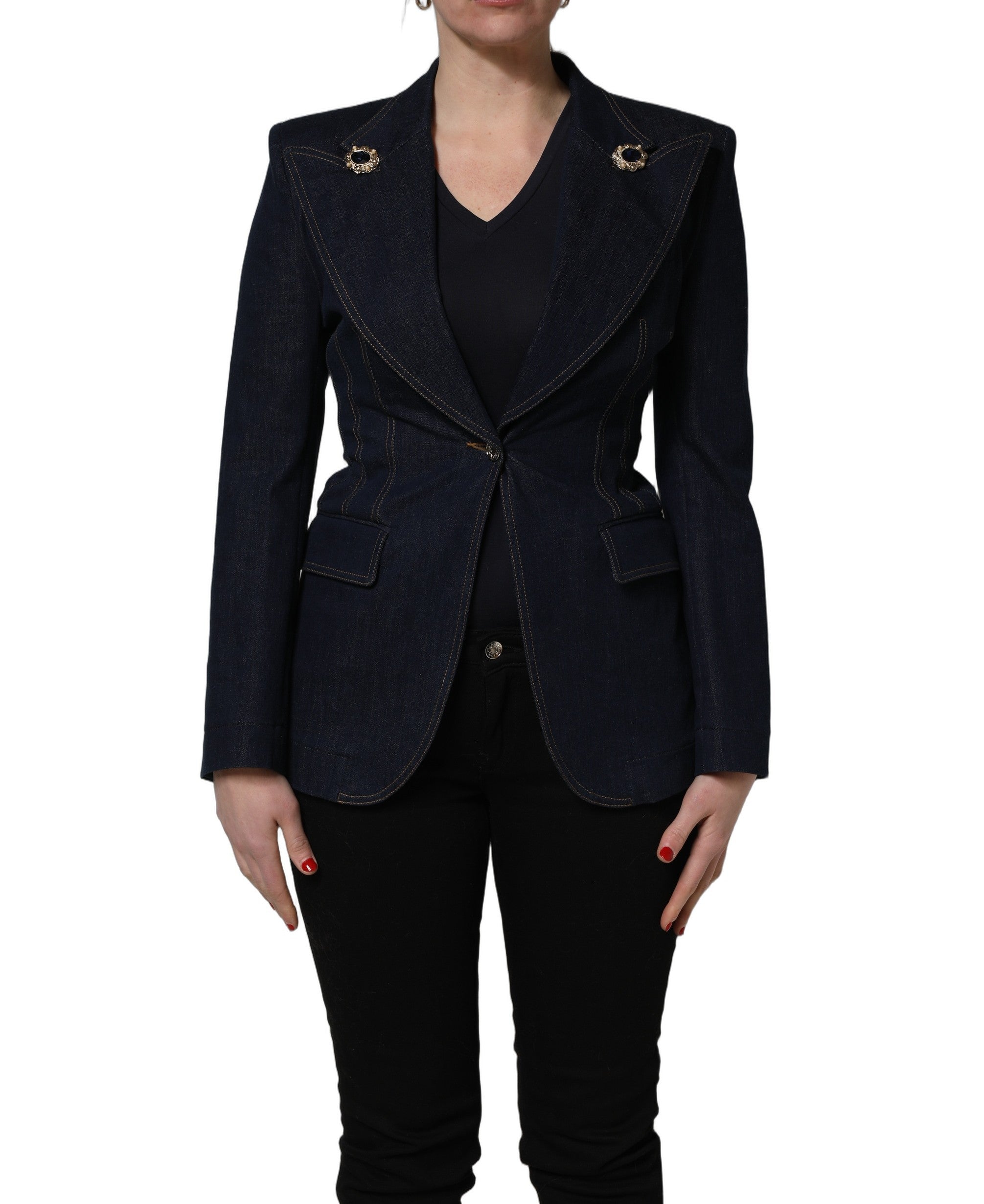Blazer en jean bleu Dolce & Gabbana à un seul bouton, coupe classique, porté sur un mannequin.