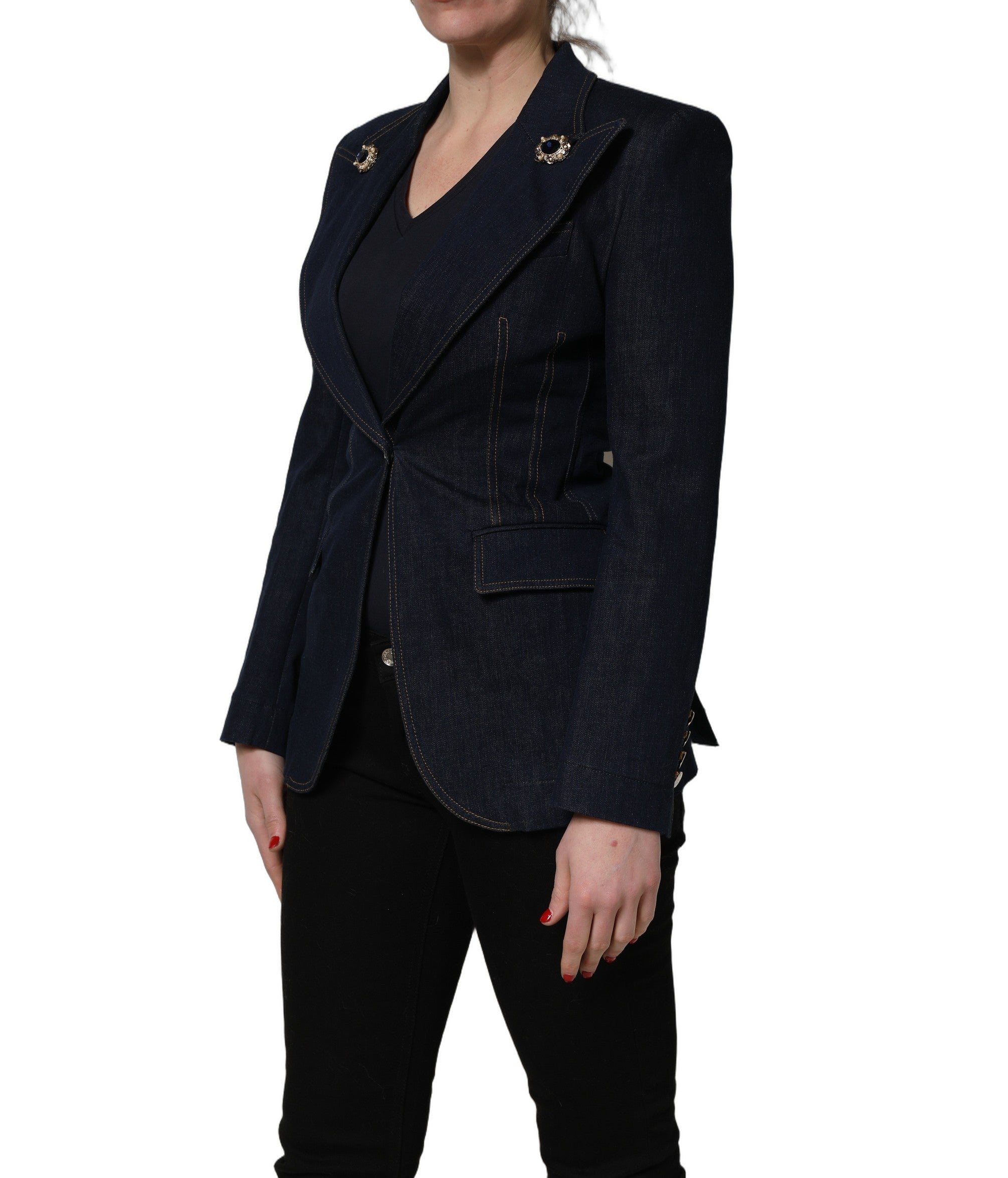 Blazer en jean bleu à un bouton Dolce & Gabbana, veste à manches longues et col classique, style classique et tendance.
