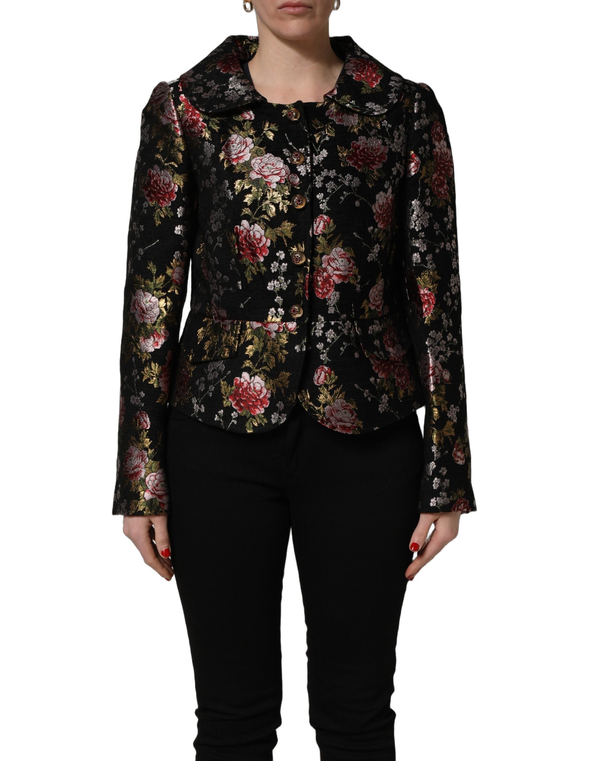 Blazer Dolce & Gabbana en brocart floral multicolore, veste élégante avec motifs floraux vibrants.