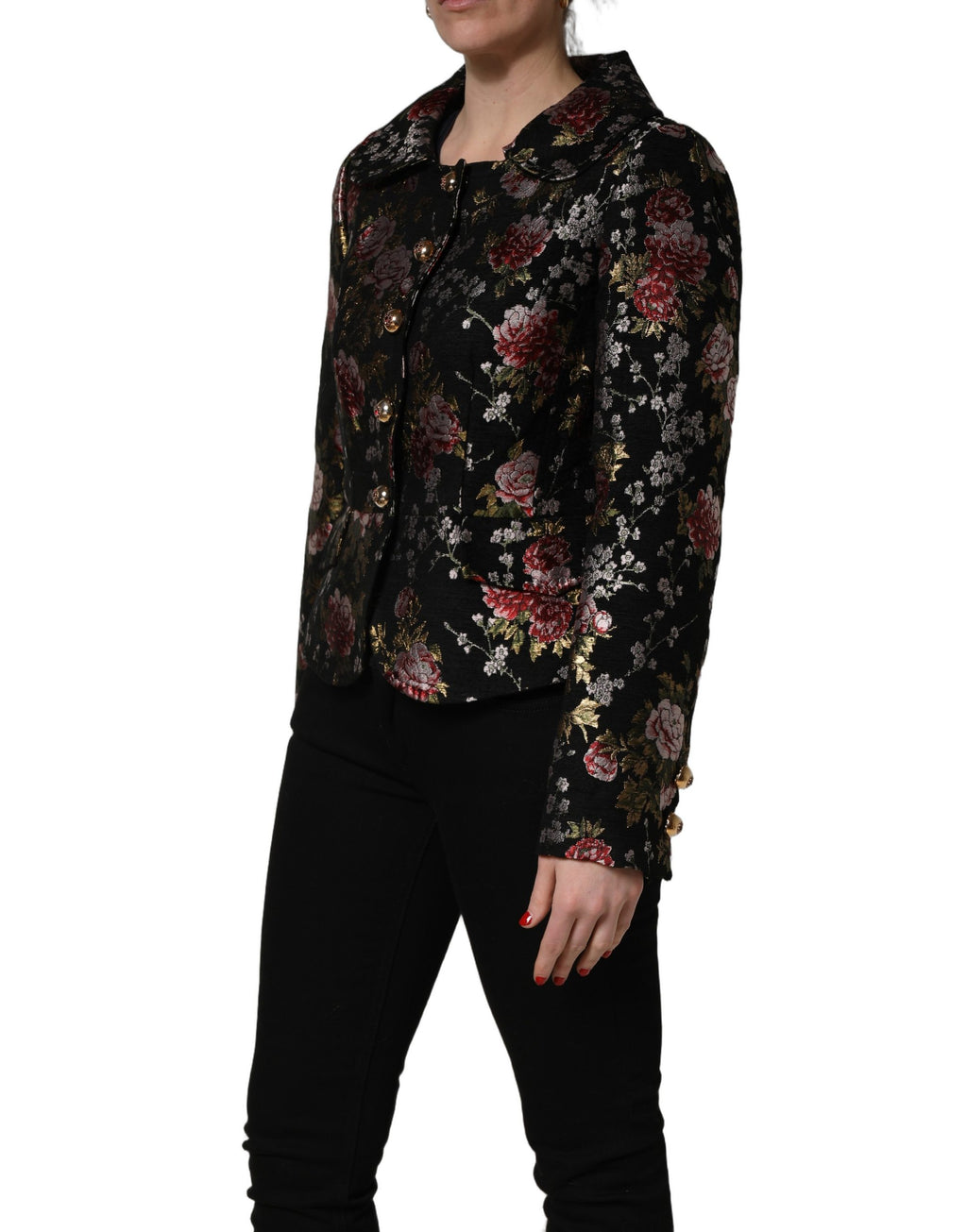Blazer Dolce & Gabbana en brocart florale multicolore, veste élégante avec motif floral riche, pour un look sophistiqué.