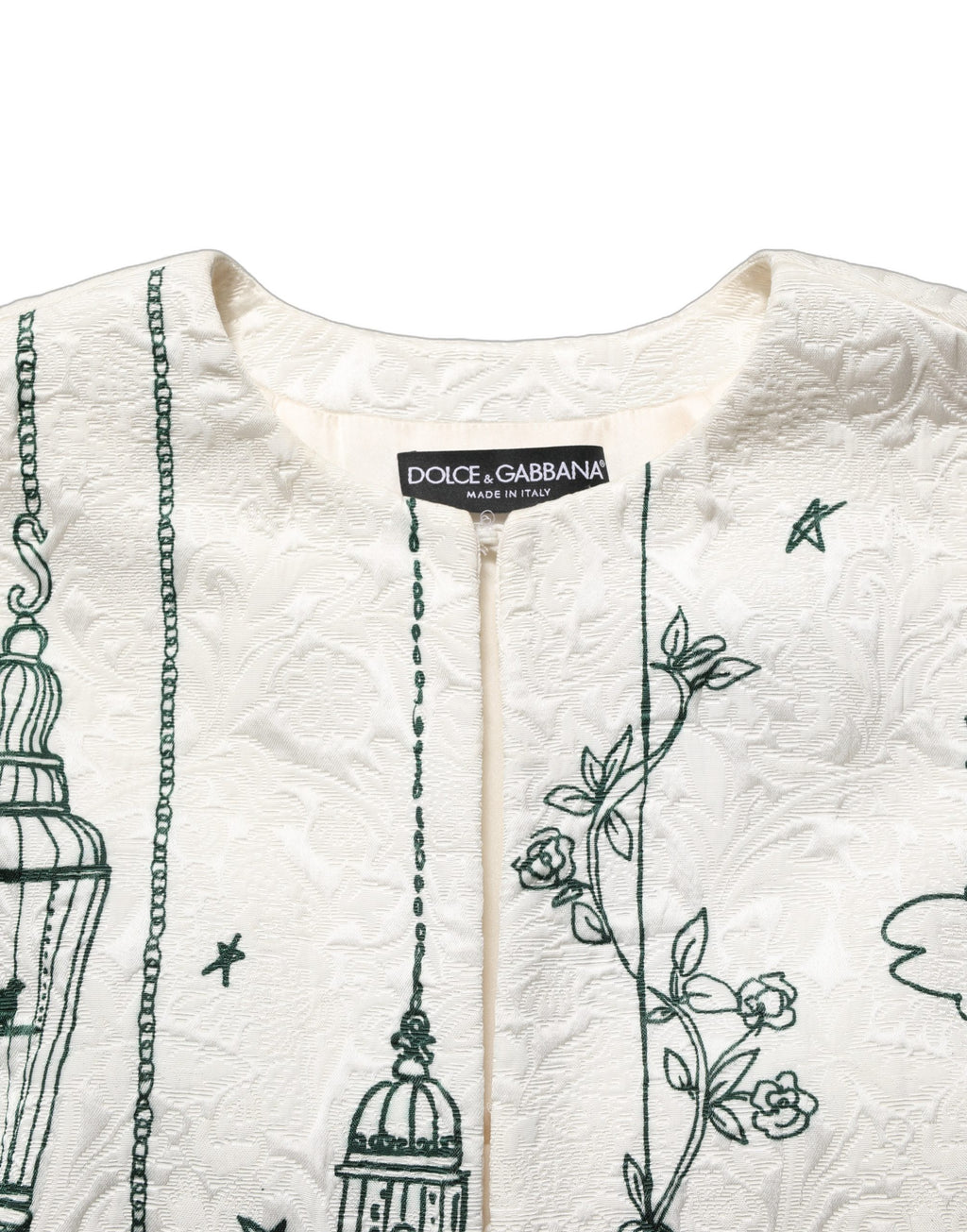 Veste Dolce & Gabbana en jacquard blanc avec motif floral jardin, coupe élégante et détails sophistiqués.