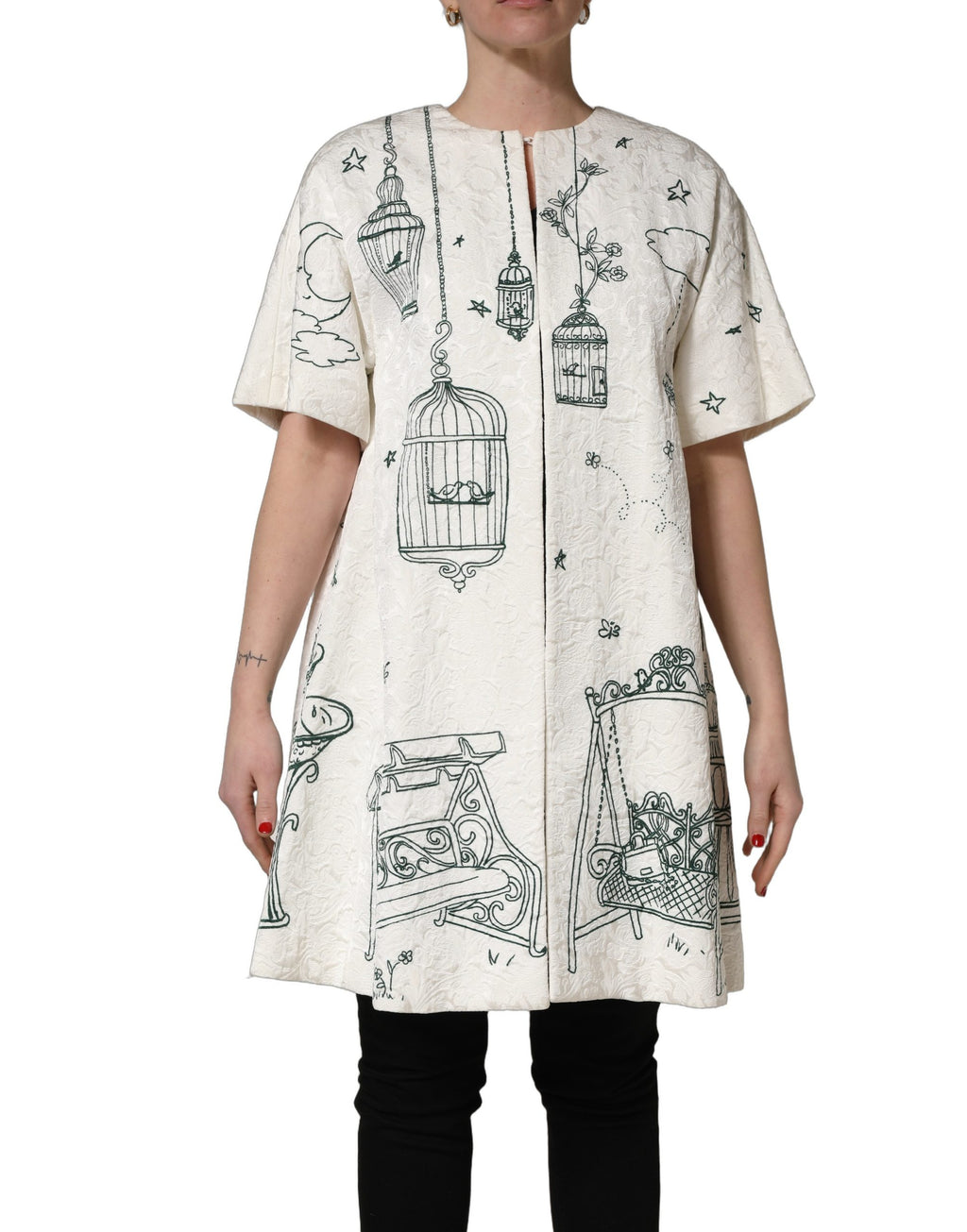 Manteau Dolce & Gabbana en jacquard blanc avec motif floral jardin, veste élégante et sophistiquée.