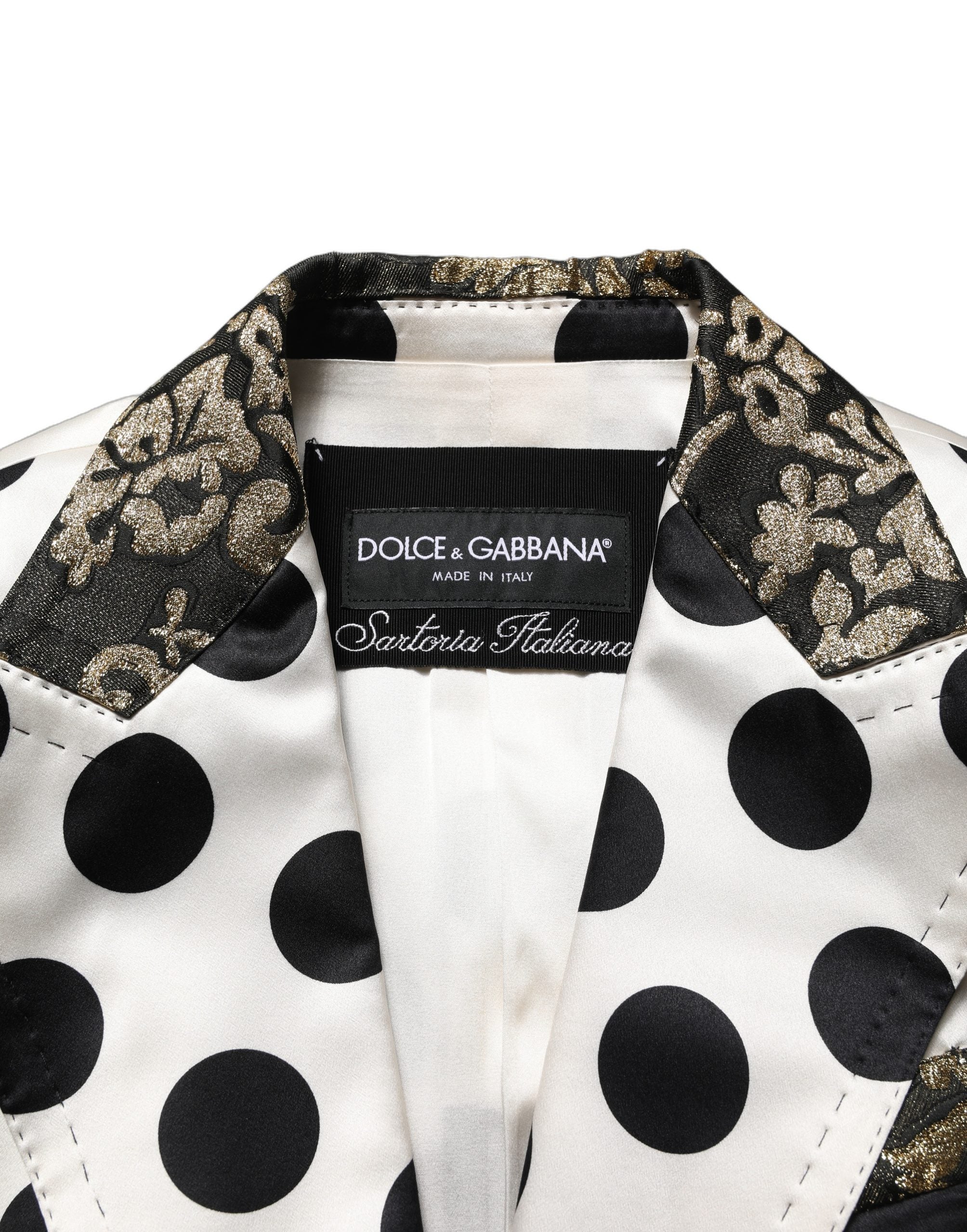Veste blazer blanche Dolce & Gabbana en brocart à pois, élégante et sophistiquée, avec motif à pois en tissu brodé.