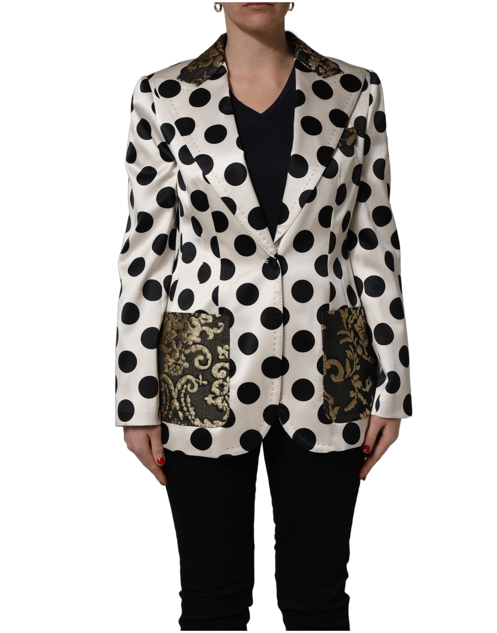 Blazer Dolce & Gabbana en brocart blanc avec pois noirs, style élégant et tissu à motifs à la mode.