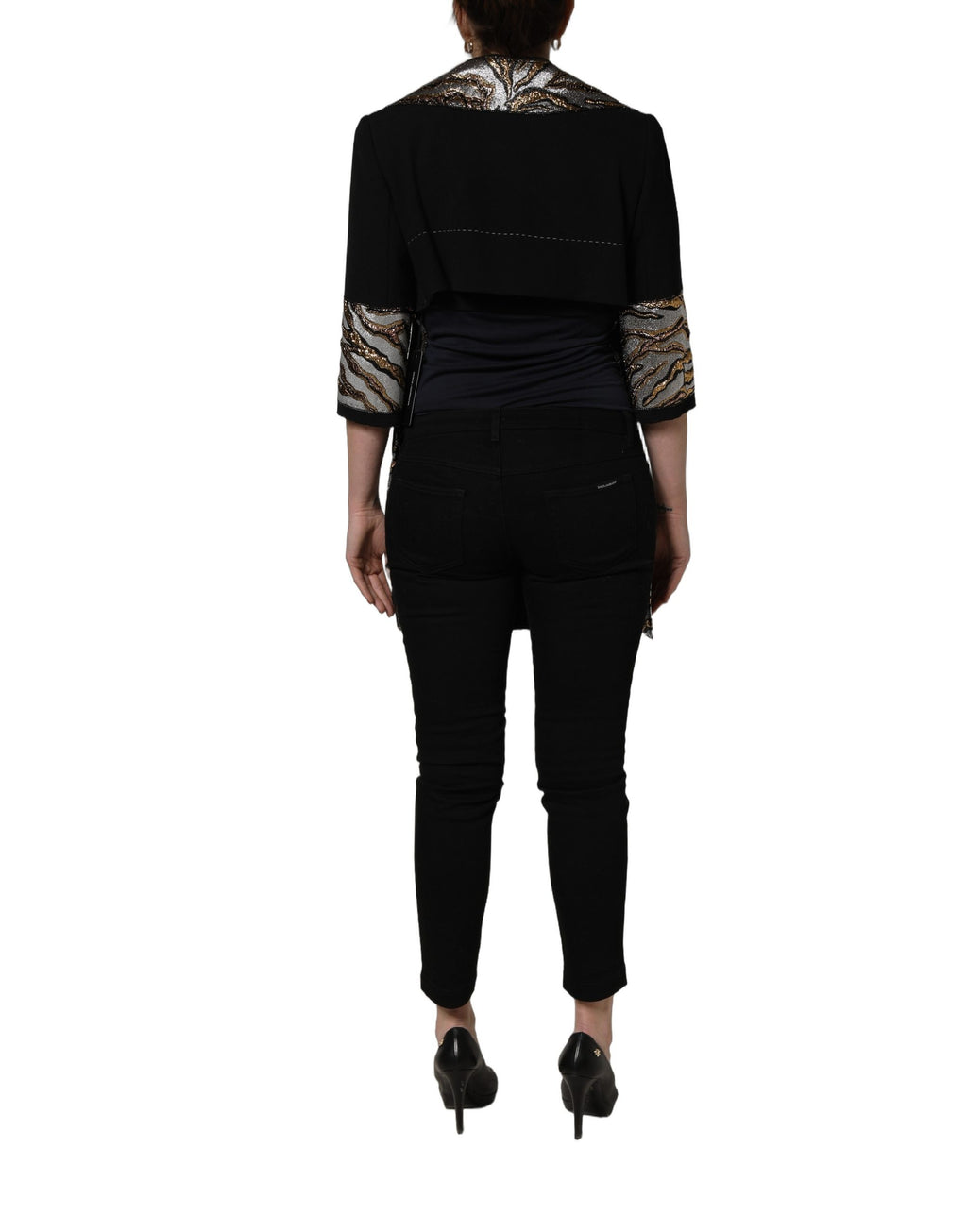 Manteau Dolce & Gabbana en brocart noir à un seul bouton, veste chic et élégante pour femmes.