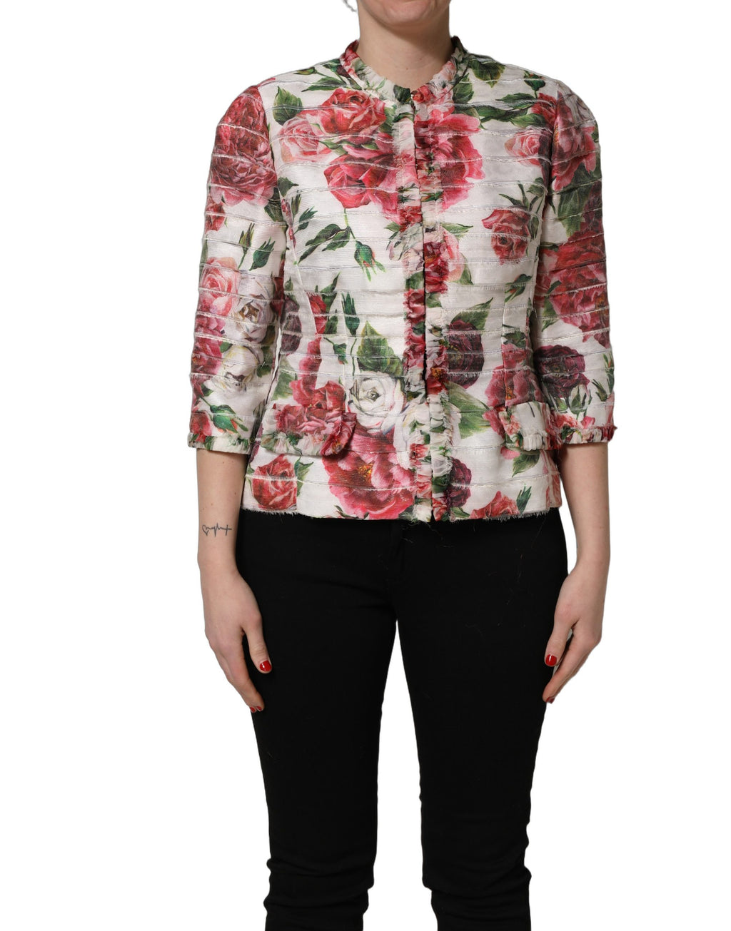 Manteau en polyester Dolce & Gabbana à imprimé peonies multicolores, veste élégante avec coupe tendance.
