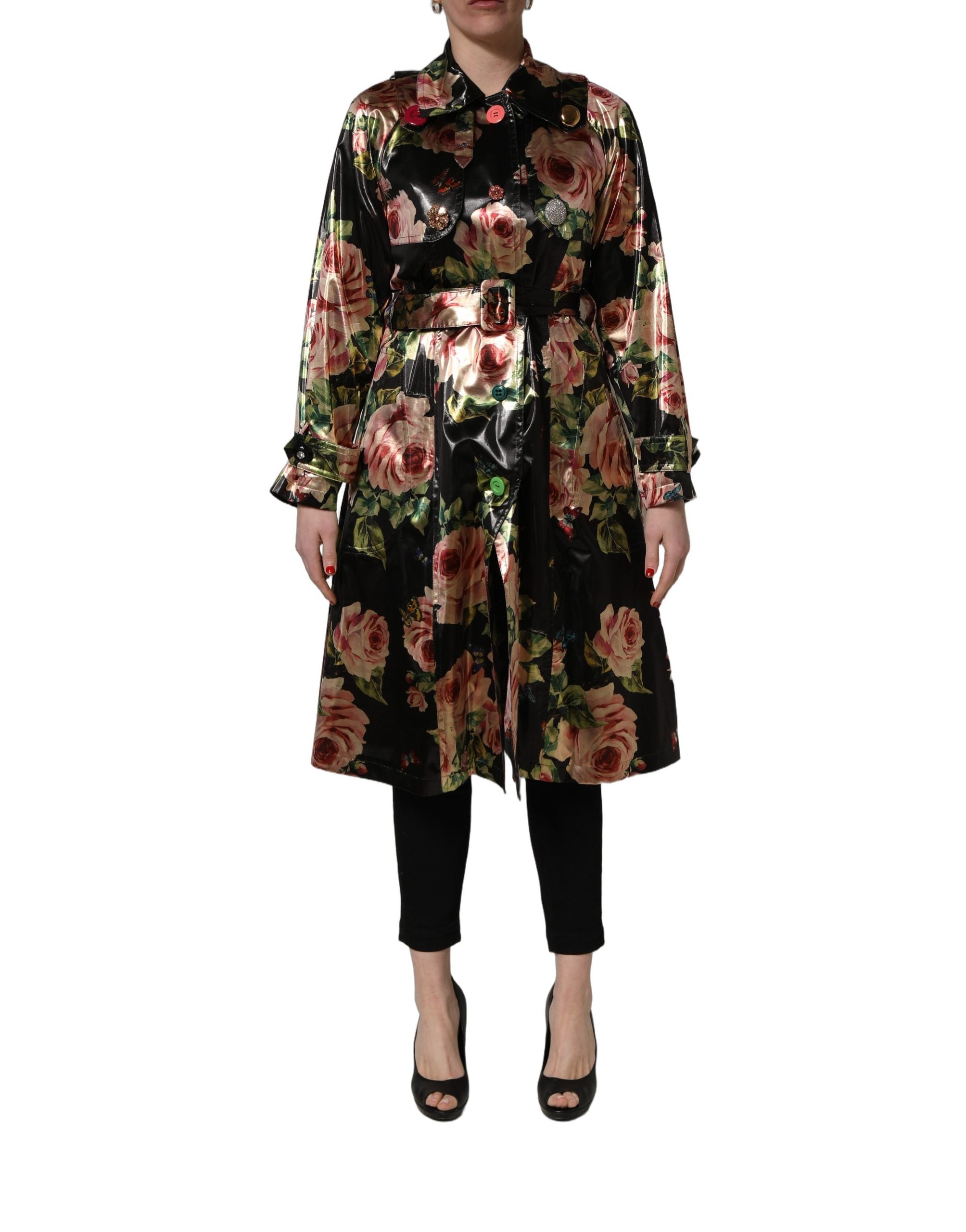 Manteau trench noir Dolce & Gabbana en polyester avec motif floral, ceinture à la taille, style élégant et sophistiqué.
