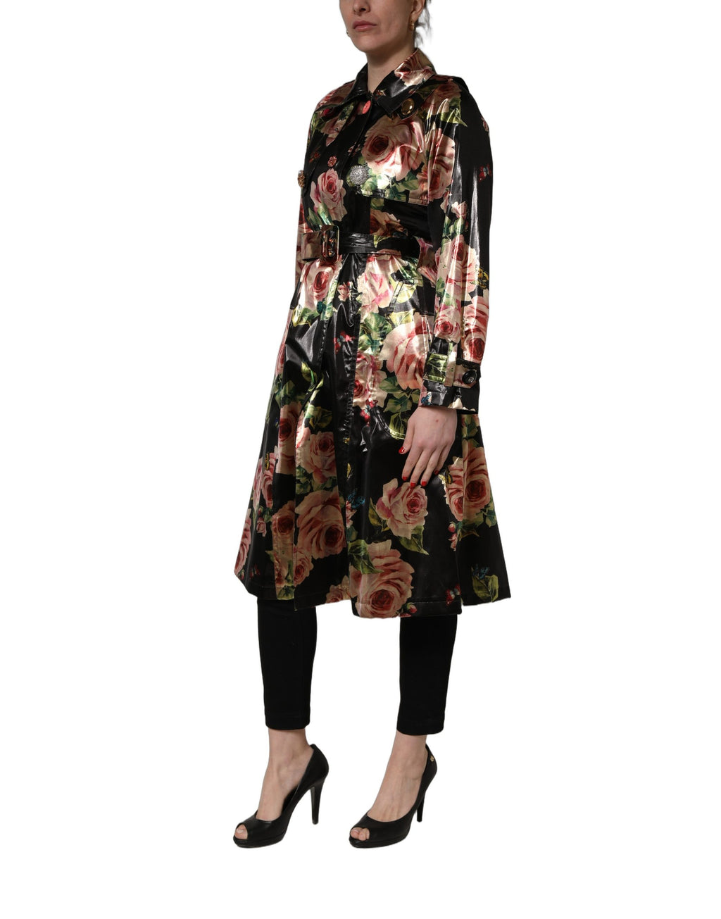 Manteau trench noir en polyester avec motif floral, ceinture Dolce & Gabbana, veste élégante et tendance.