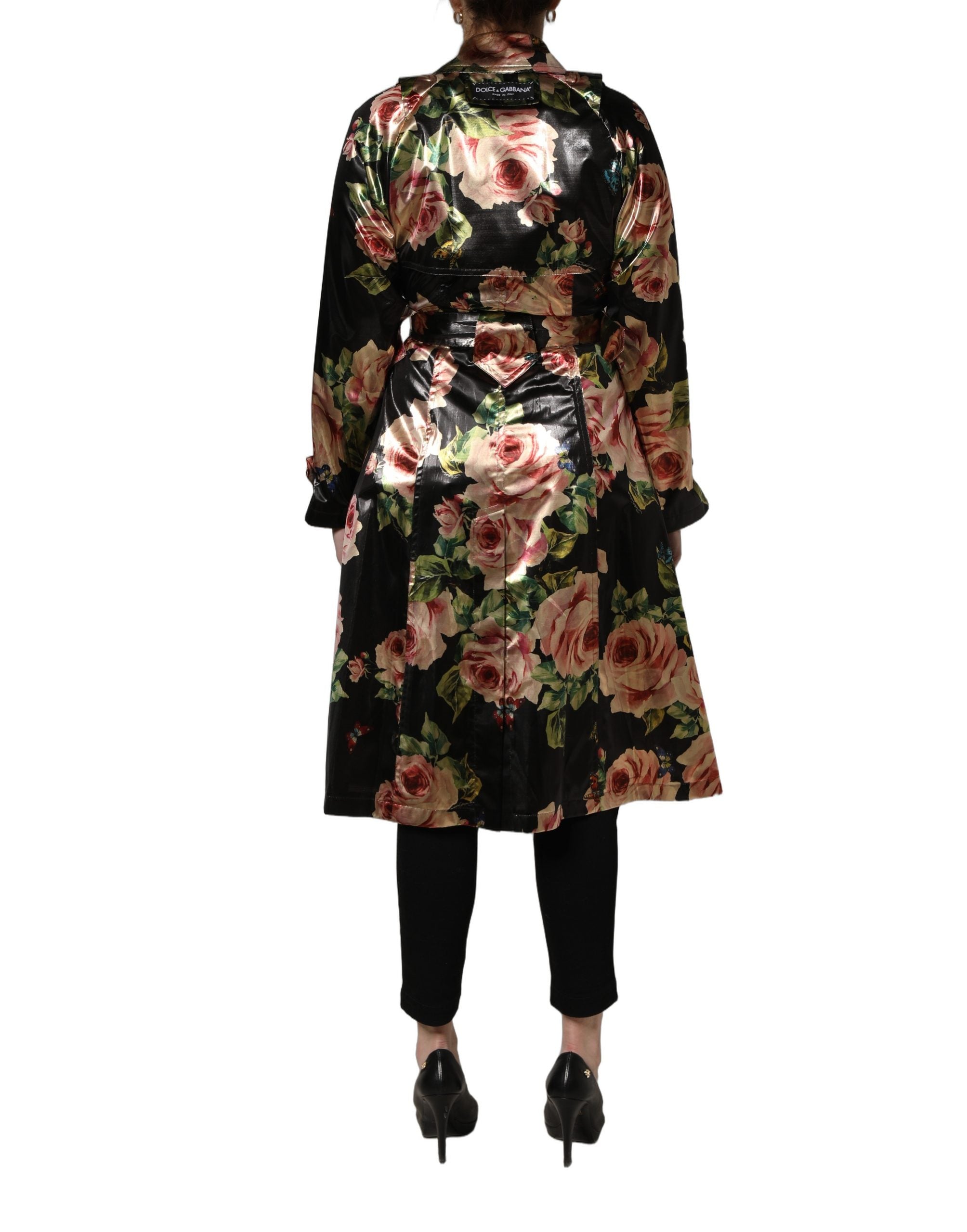 Manteau trench noir en polyester avec ceinture à fleurs Dolce & Gabbana, mode élégante et féminine.
