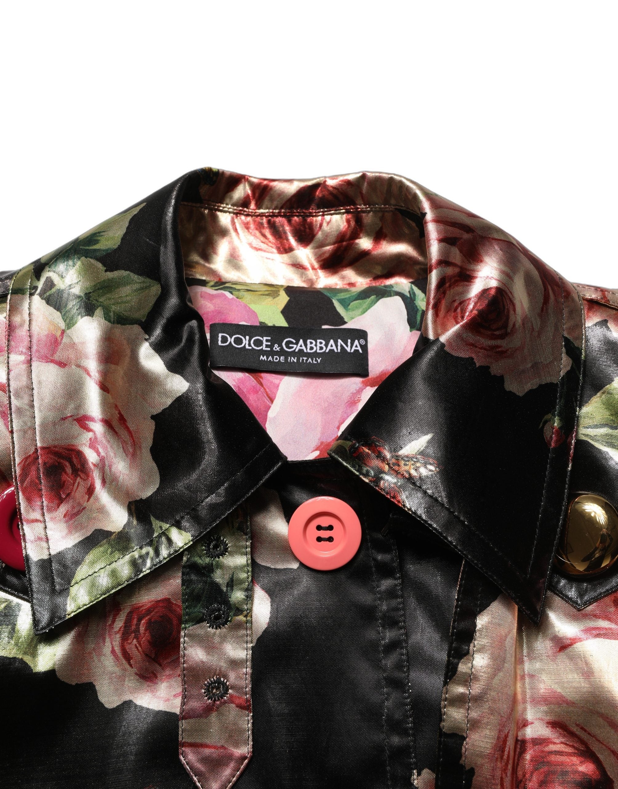 Manteau trench noir à fleurs en polyester de Dolce & Gabbana, ceinture à la taille, élégant et tendance.