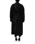 Manteau trench en peau de mouton noire avec ceinture, veste élégante de la marque Dolce & Gabbana, vue de face.