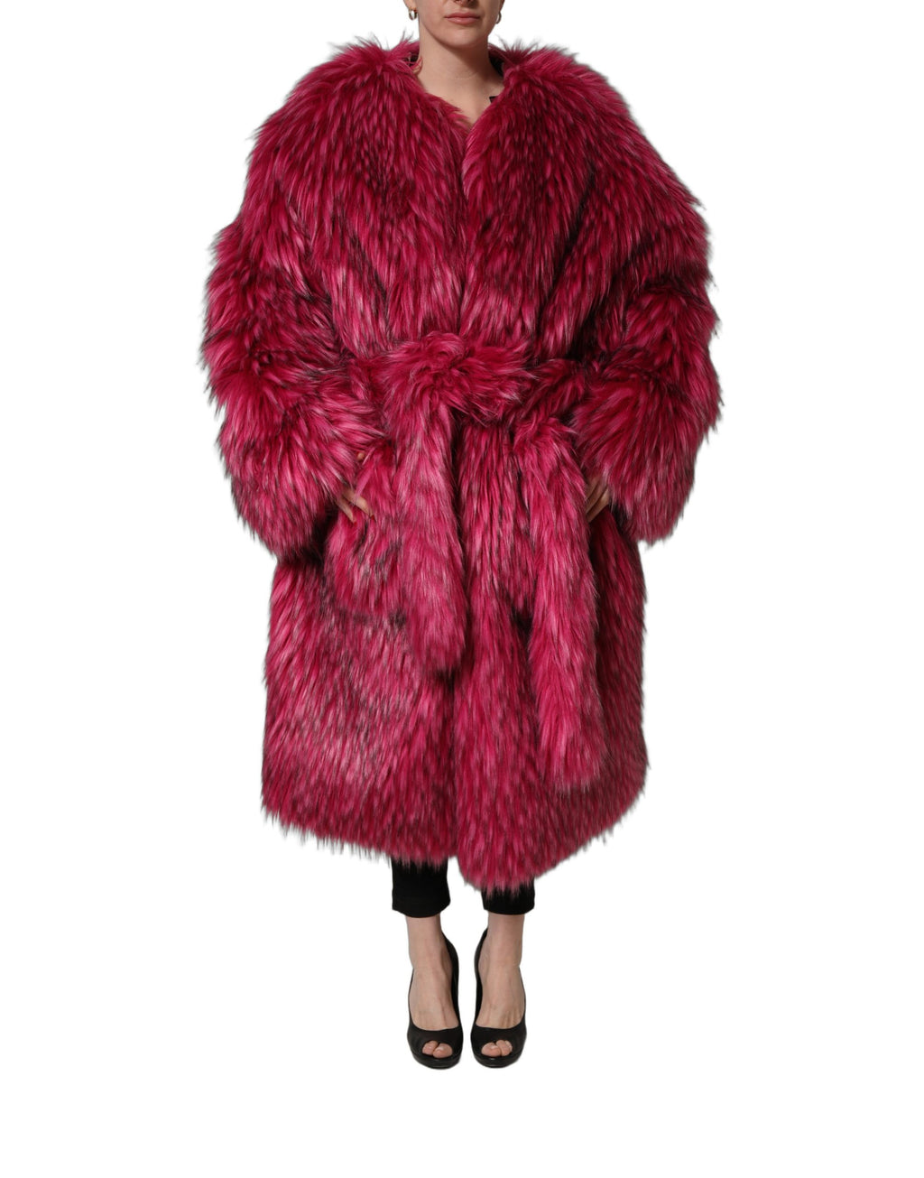 Manteau trench en fausse fourrure fuchsia avec ceinture Dolce & Gabbana, doublure élégante et coupe ajustée.