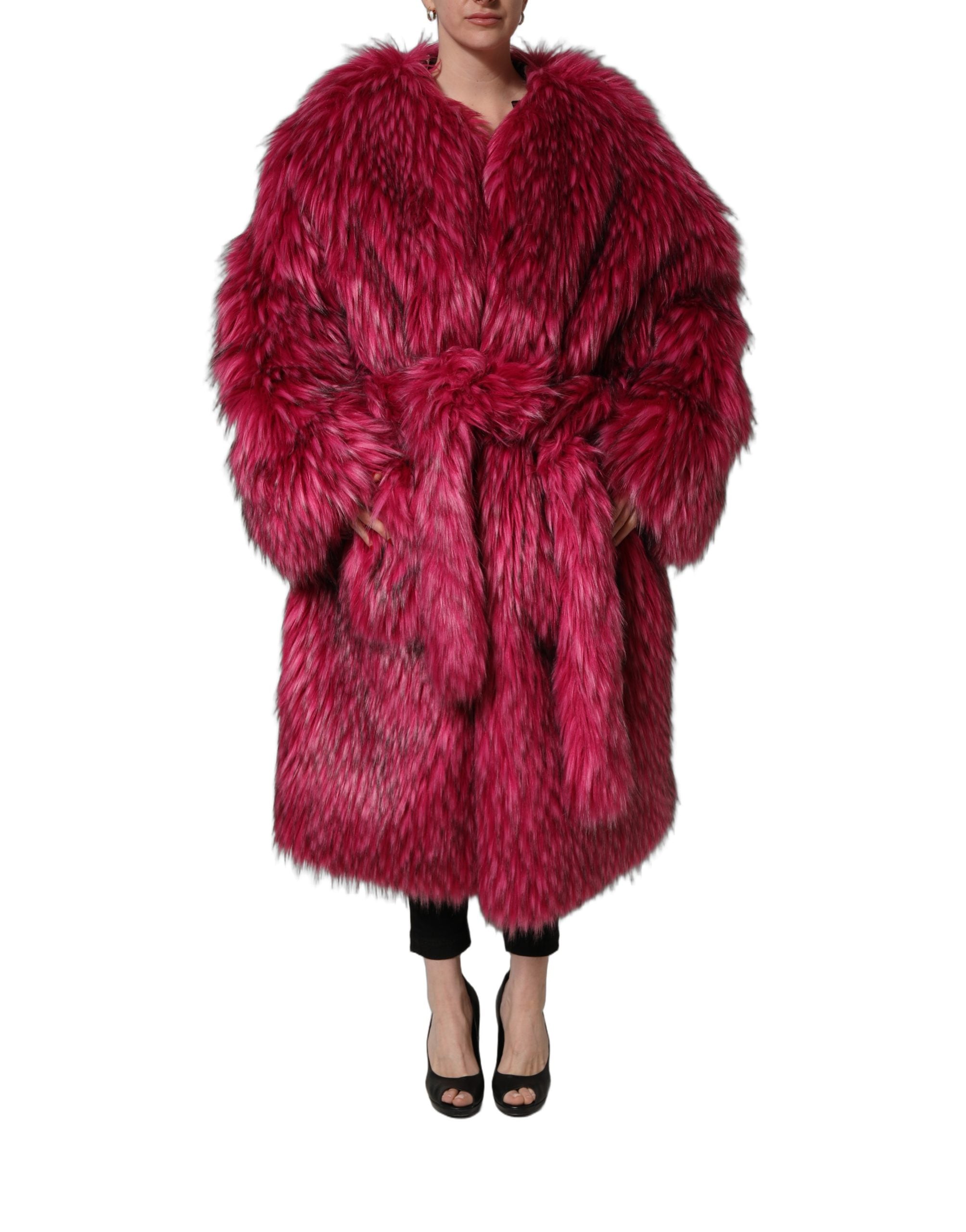 Manteau trench en fausse fourrure fuchsia avec ceinture Dolce & Gabbana, doublure élégante et coupe ajustée.