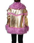 Manteau en faux fur rose Dolce & Gabbana avec détails en cuir doré, élégant et chaud, porté sur un mannequin.