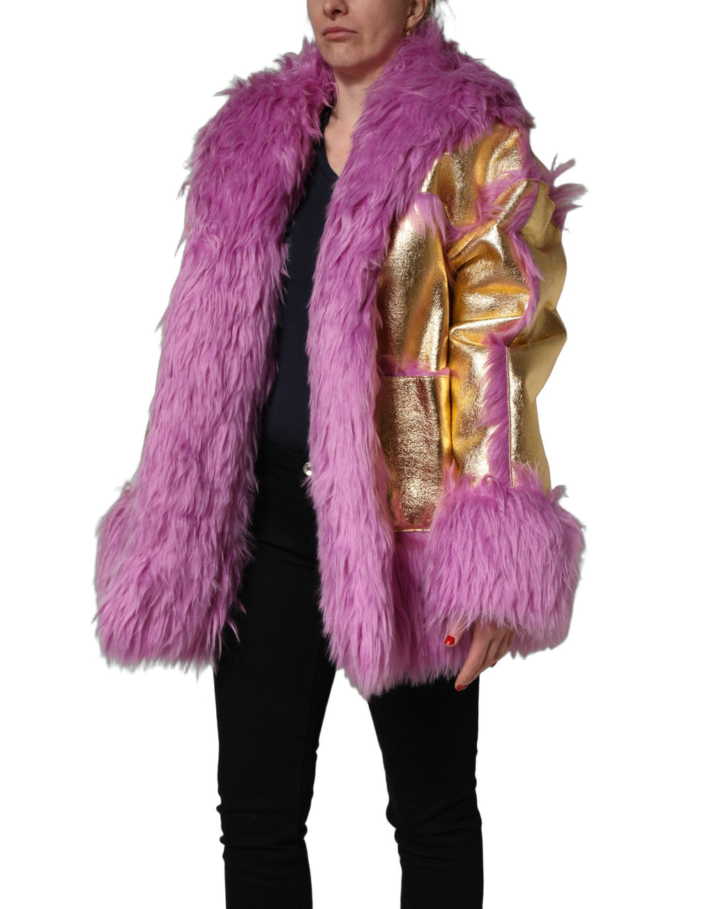 Manteau en fausse fourrure rose et or en cuir Dolce & Gabbana, veste élégante avec détails luxueux.