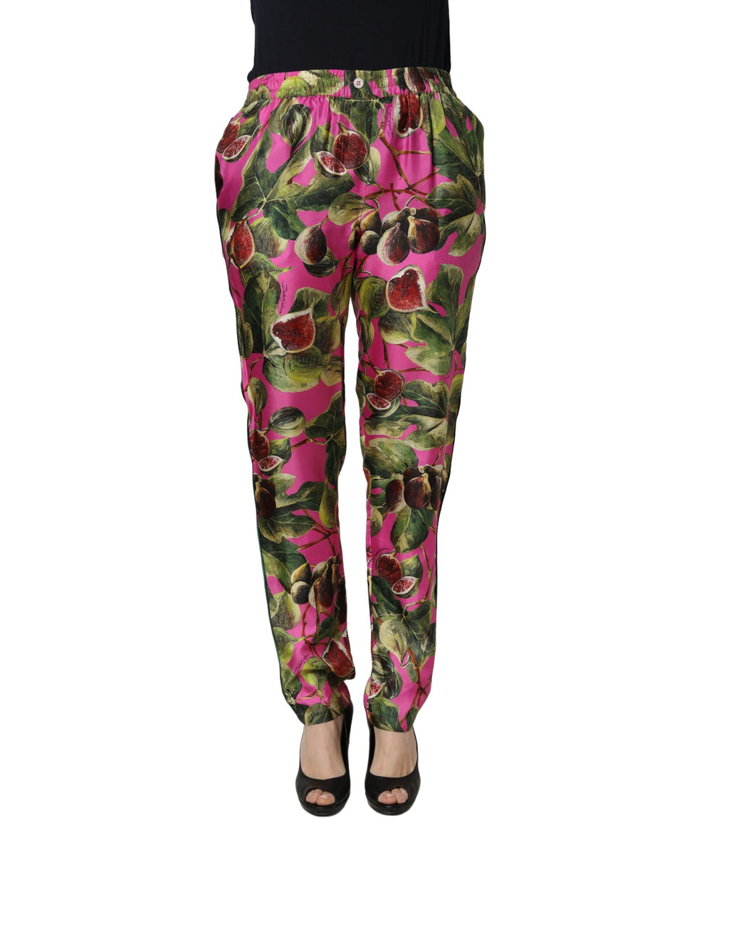 Pantalon tapered Dolce & Gabbana Fuchsia Fig avec motifs de feuilles de fruits, élégant et coloré.