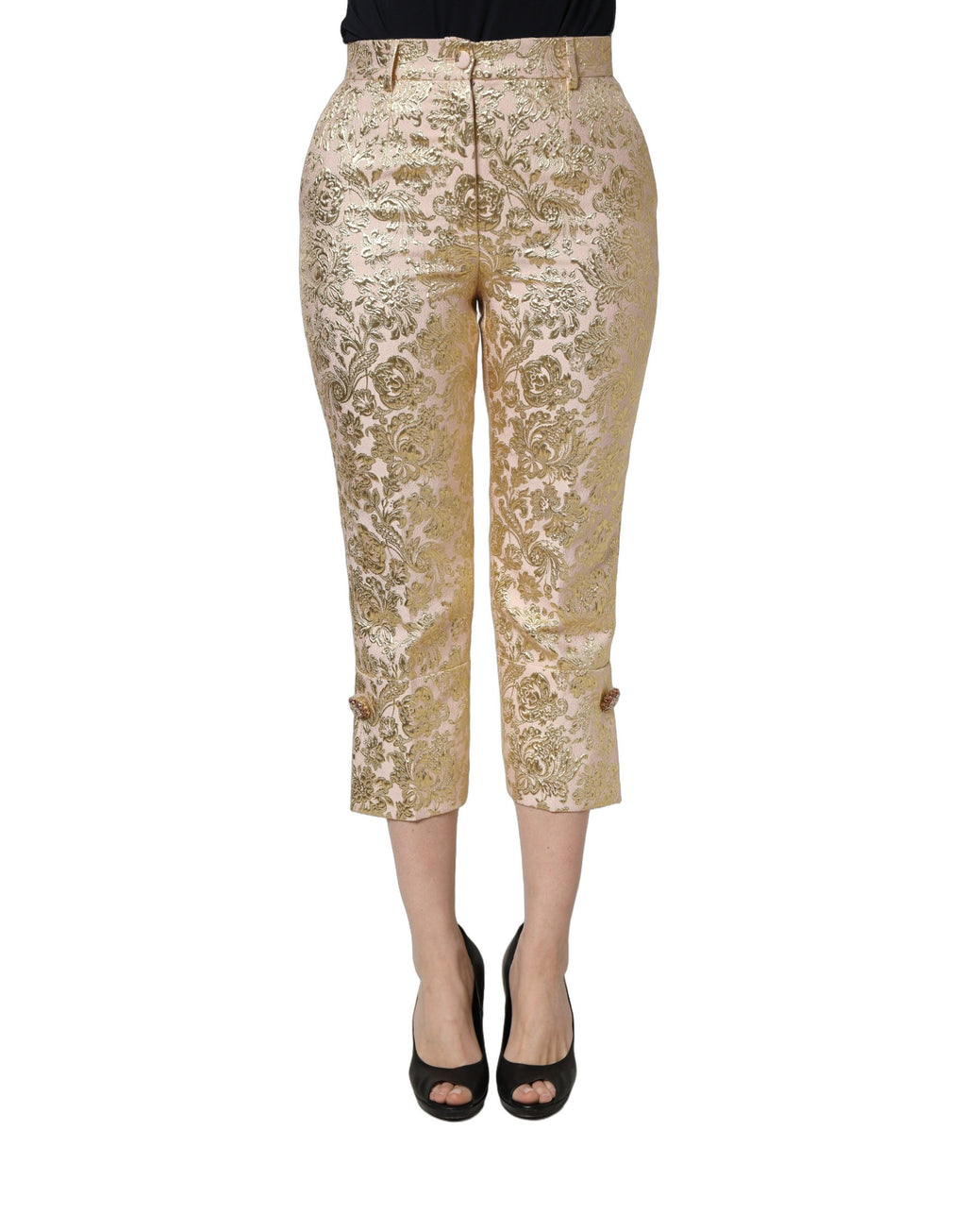 Pantalon court Dolce & Gabbana en jacquard doré floral lamé, coupe crop avec motif floral élégant.