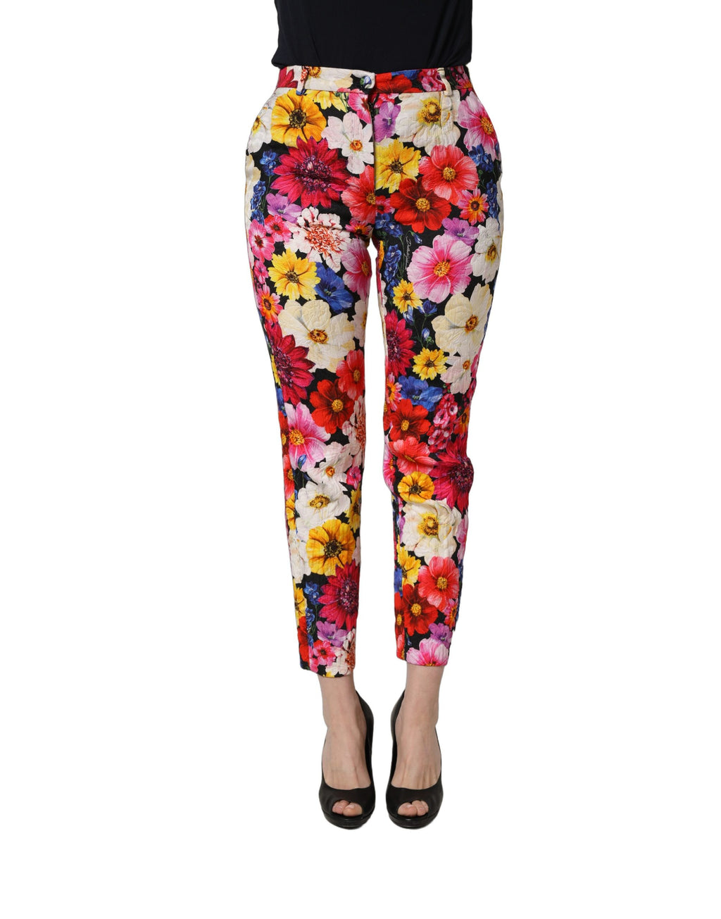 Pantalon taille tapered Dolce & Gabbana à imprimé floral multicolore, style élégant et tendance, pour femme.
