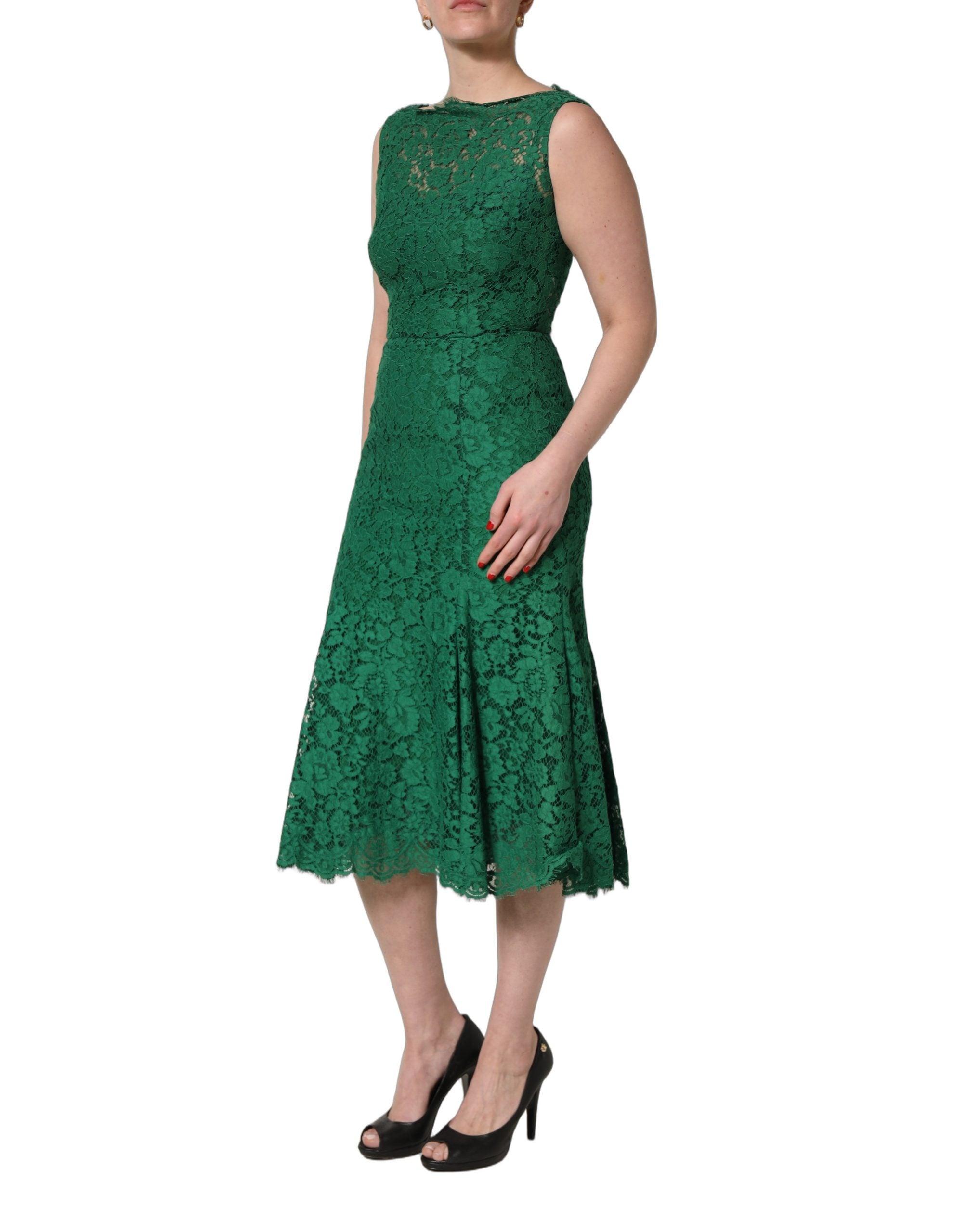 Robe midi sans manches en coton à fleurs vertes, dentelle, Dolce & Gabbana, élégante et fluide, portée droite avec détails raffinés.