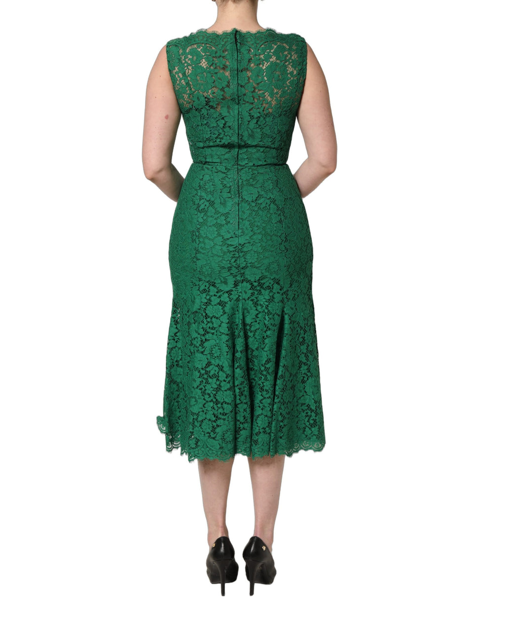 Robe midi sans manches Dolce & Gabbana en coton vert avec dentelle florale, style élégant et féminin.