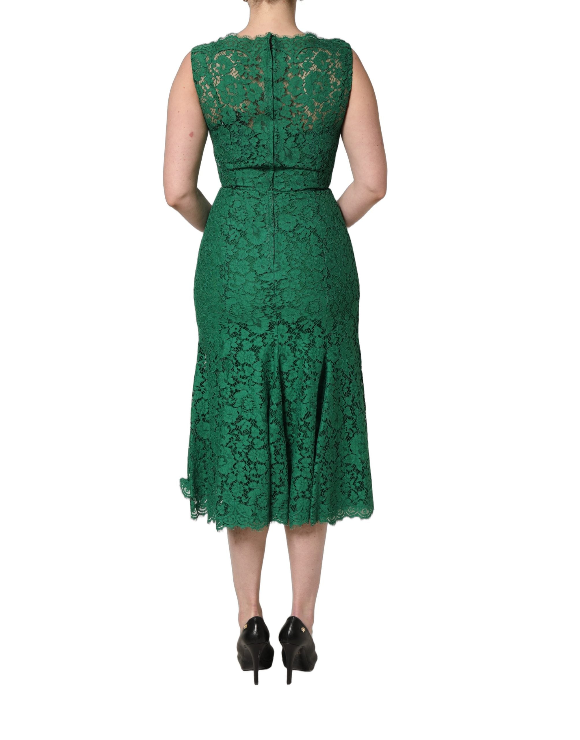 Robe midi sans manches Dolce & Gabbana en coton vert avec dentelle florale, style élégant et féminin.