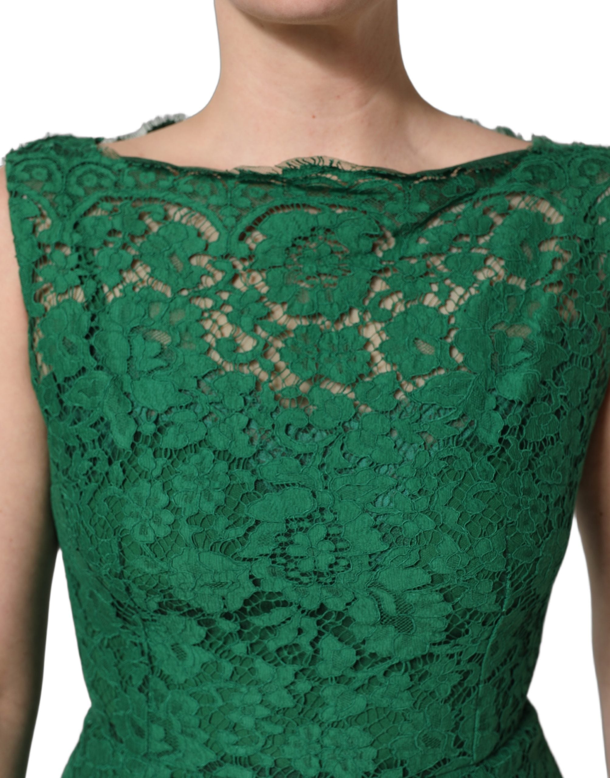 Robe mi-longue sans manches en coton avec broderie florale verte de Dolce & Gabbana, élégante et féminine.