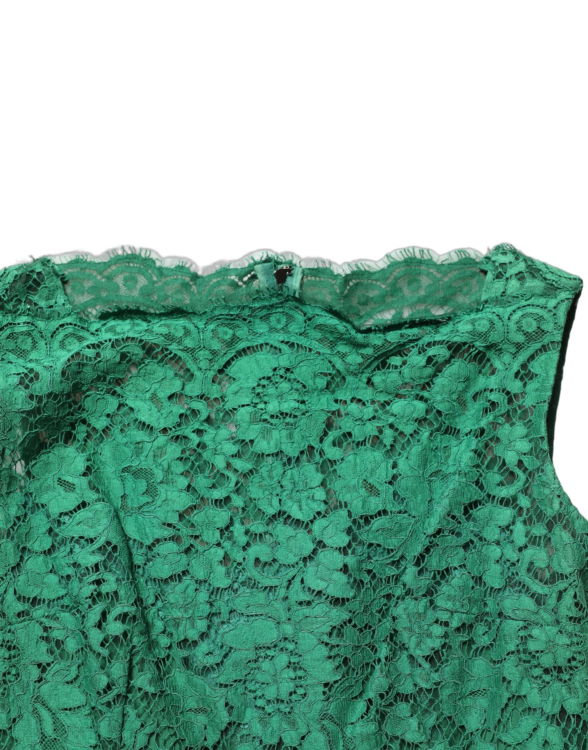 Robe midi sans manches Dolce & Gabbana en coton avec dentelle florale verte, élégante et féminine.