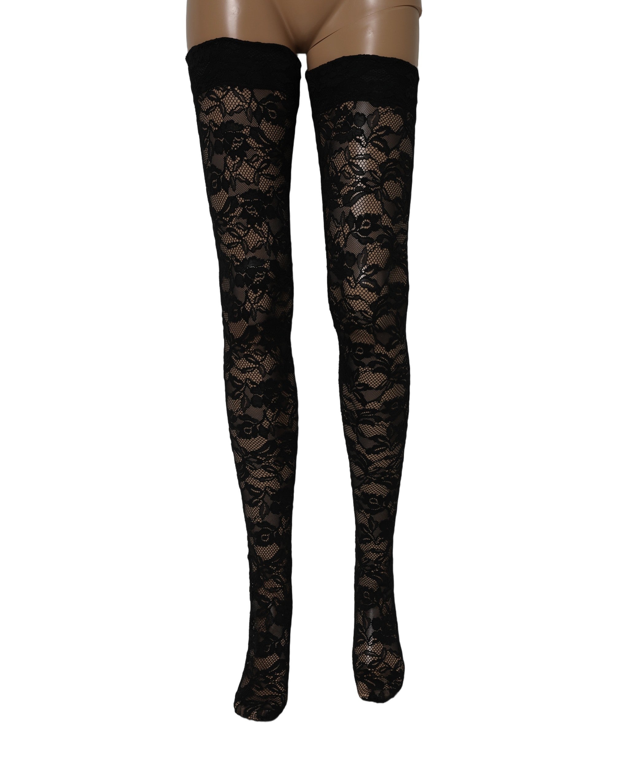 Chaussettes hautes en dentelle florale noire de Dolce & Gabbana, texture délicate et élégante, pour un style sophistiqué.