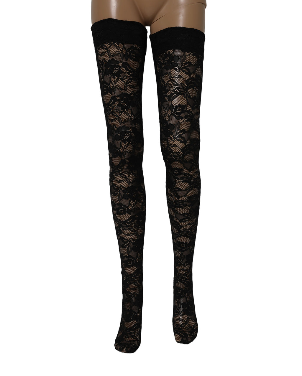 Chaussettes hautes en dentelle florale noire de Dolce & Gabbana, élégantes et raffinées, visibles sur cette image.