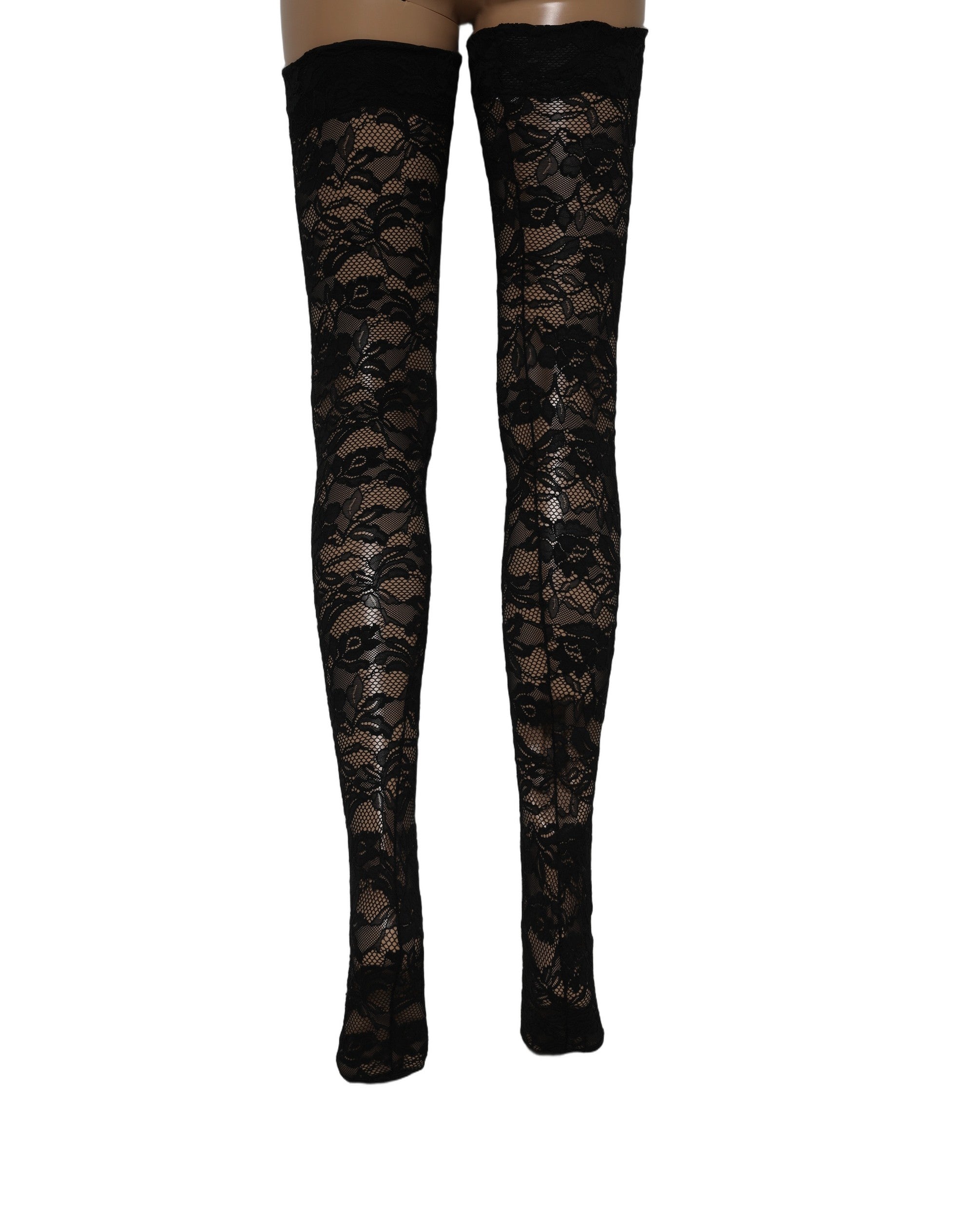 Chaussettes couture en dentelle noire à motif floral, mi-thigh en dentelle élégante Dolce & Gabbana pour femmes.