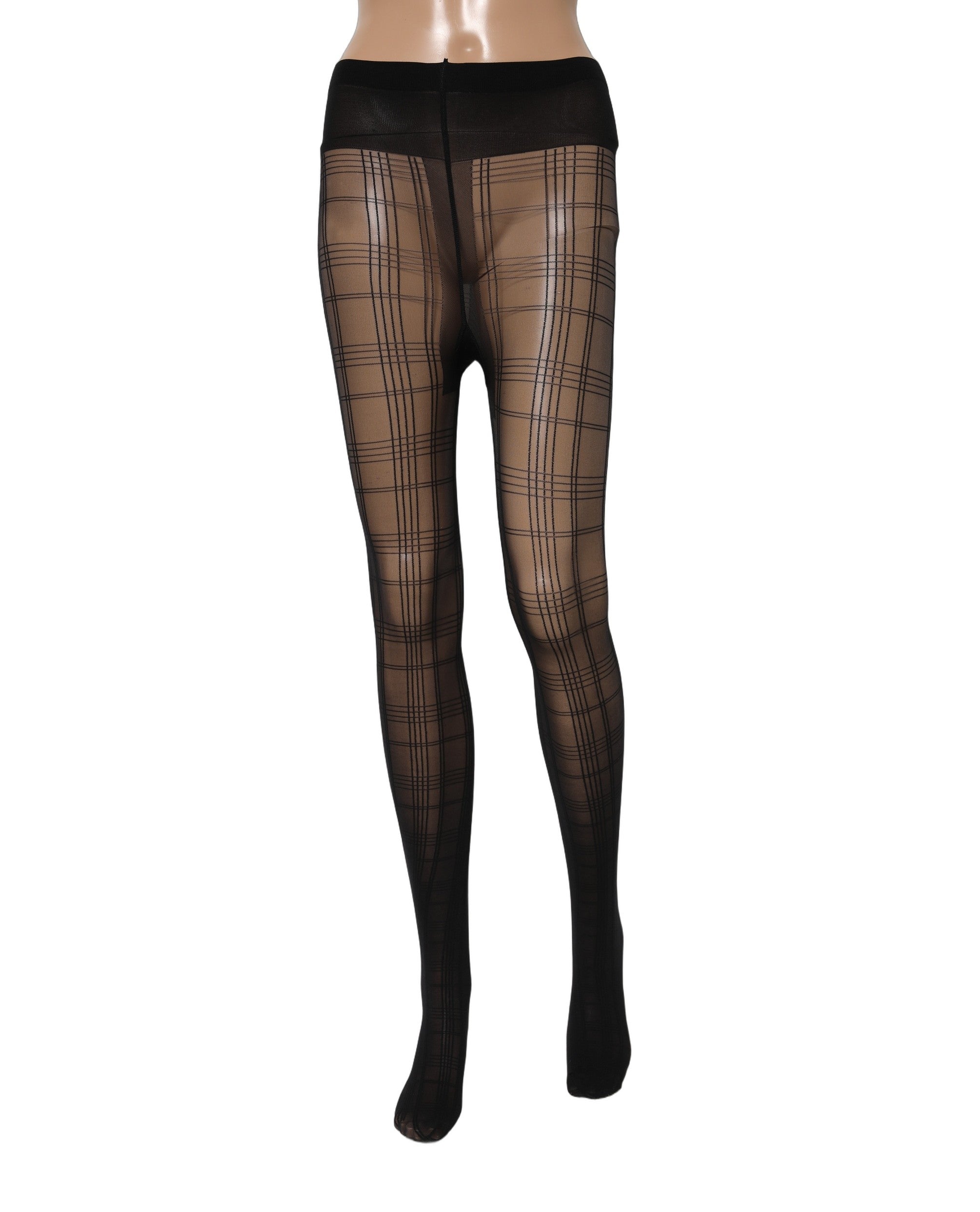 Collants en nylon noir à motif tartan Dolce & Gabbana, chaussettes élégantes pour femmes, visible avec motif distinctif en image.