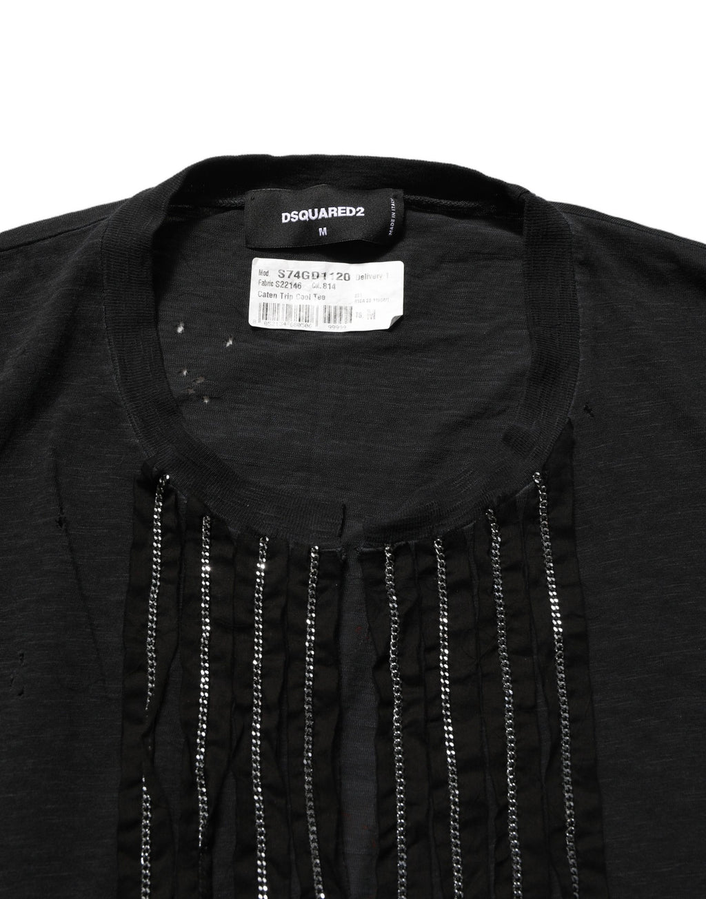 T-shirt coton à manches courtes noir Dsquared² avec chaîne décorative, style moderne et détails en or, vue de face.
