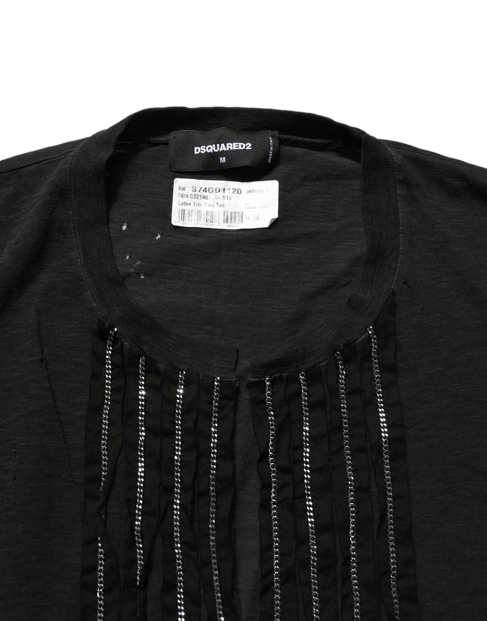 T-shirt coton à manches courtes noir Dsquared² avec chaîne décorative, style moderne et détails en or, vue de face.