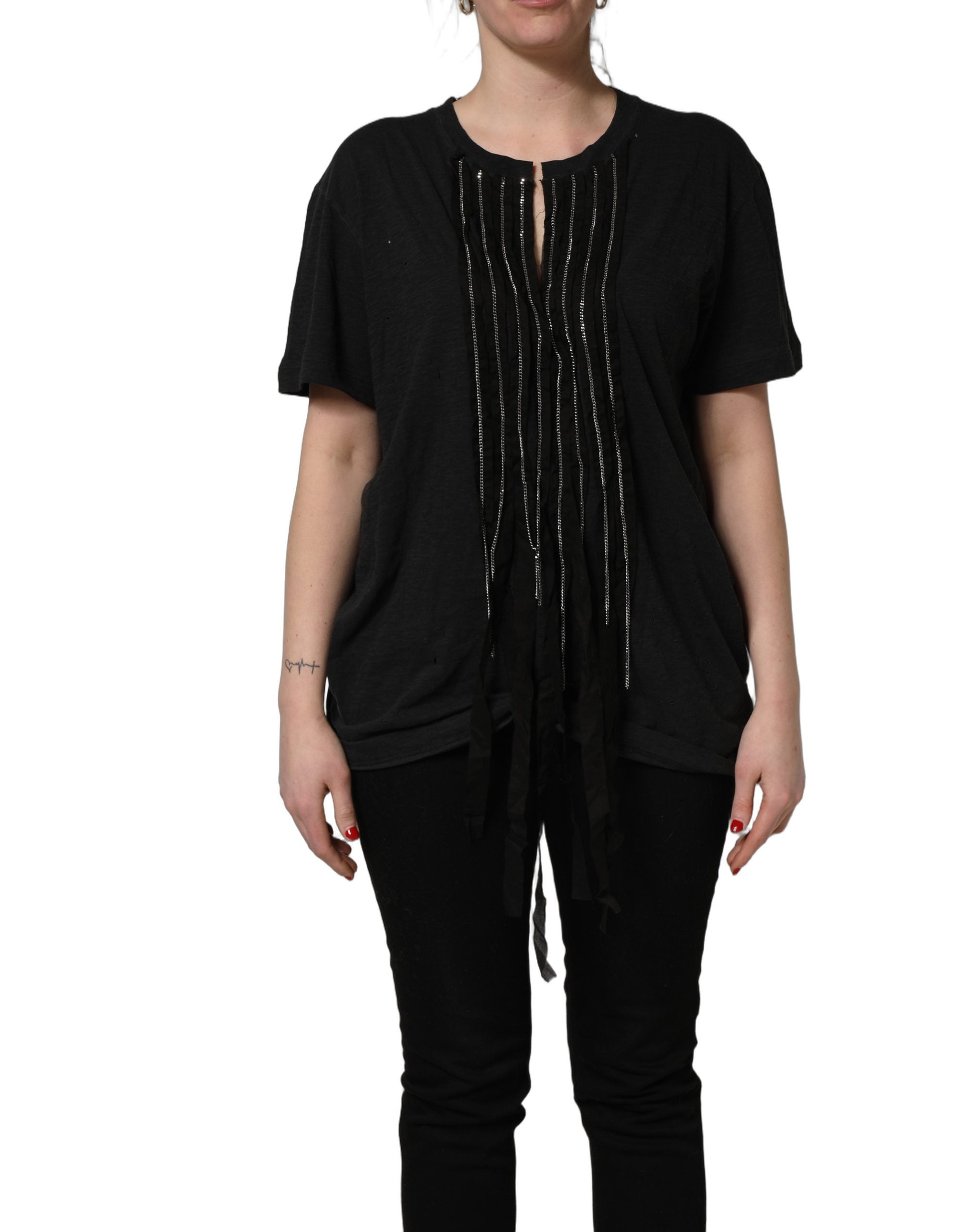 T-shirt à manches courtes en coton noir Dsquared² avec chaîne décorative et embellissements métalliques.